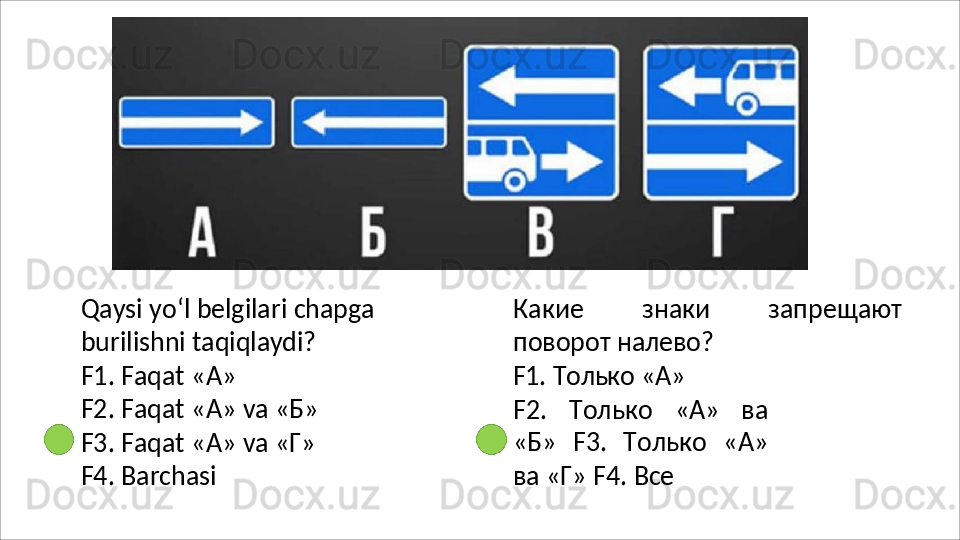 Qaysi   yo‘l   belgilari   chapga  
burilishni  taqiqlaydi?
F1.   Faqat   « А »
F2.   Faqat   « А »   va   « Б »
F3.   Faqat   «А»   va   «Г» 
F4. Barchasi Какие   знаки   запрещают
поворот  налево?
F1.   Только   «А»
F2.   Только   «А»   ва
«Б»   F3.   Только   «А»
ва   «Г» F4. Все 