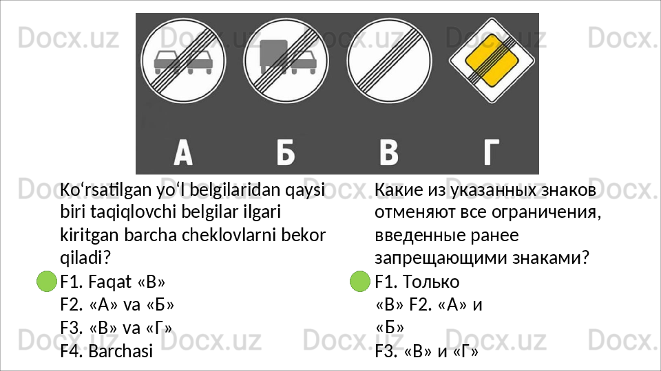 Ko‘rsatilgan   yo‘l   belgilaridan   qaysi
biri taqiqlovchi belgilar ilgari 
kiritgan   barcha   cheklovlarni   bekor
qiladi?
F1. Faqat «В» 
F2.   «А»   va   «Б»
F3.   « В »   va   « Г »
F4.   Barchasi Какие из указанных знаков 
отменяют   все   ограничения, 
введенные ранее 
запрещающими знаками?
F1.   Только  
«В»  F2. «А» и 
«Б»
F3.   «В»   и  «Г» 
