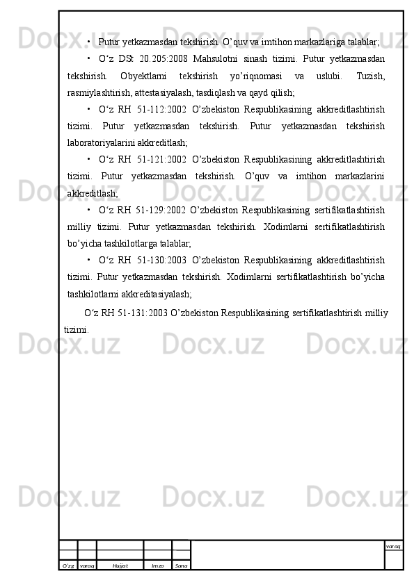 • Putur   yetkazmasdan   tekshirish.   O’quv   va   imtihon   markazlariga   talablar;
• O zʻ   DSt   20.205:2008   Mahsulotni   sinash   tizimi.   Putur   yetkazmasdan
tekshirish.   Obyektlarni   tekshirish   yo’riqnomasi   va   uslubi.   Tuzish,
rasmiylashtirish,   attestasiyalash,   tasdiqlash   va qayd qilish;
• O z
ʻ   RH   51-112:2002   O’zbekiston   Respublikasining   akkreditlashtirish
tizimi.   Putur   yetkazmasdan   tekshirish.   Putur   yetkazmasdan   tekshirish
laboratoriyalarini akkreditlash;
• O z
ʻ   RH   51-121:2002   O’zbekiston   Respublikasining   akkreditlashtirish
tizimi.   Putur   yetkazmasdan   tekshirish.   O’quv   va   imtihon   markazlarini
akkreditlash;
• O z   RH   51-129:2002   O’zbekiston   Respublikasining   sertifikatlashtirish
ʻ
milliy   tizimi.   Putur   yetkazmasdan   tekshirish.   Xodimlarni   sertifikatlashtirish
bo’yicha   tashkilotlarga talablar;
• O z
ʻ   RH   51-130:2003   O’zbekiston   Respublikasining   akkreditlashtirish
tizimi.   Putur   yetkazmasdan   tekshirish.   Xodimlarni   sertifikatlashtirish   bo’yicha
tashkilotlarni akkreditasiyalash;
O z	
ʻ   RH 51-131:2003   O’zbekiston   Respublikasining   sertifikatlashtirish   milliy
tizimi.
O’zg varaq H ujjat Imzo Sana varaq
   
