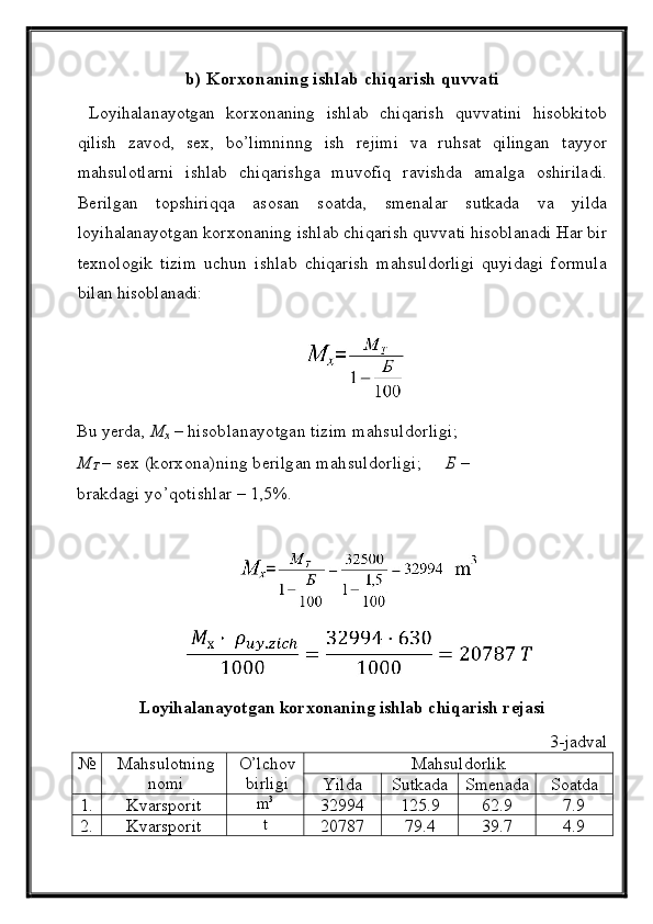 b) Korxonaning ishlab chiqarish quvvati 
  Loyihalanayotgan   korxonaning   ishlab   chiqarish   quvvatini   hisobkitob
qilish   zavod,   sex,   bo’limninng   ish   rejimi   va   ruhsat   qilingan   tayyor
mahsulotlarni   ishlab   chiqarishga   muvofiq   ravishda   amalga   oshiriladi.
Berilgan   topshiriqqa   asosan   soatda,   smenalar   sutkada   va   yilda
loyihalanayotgan korxonaning ishlab chiqarish quvvati hisoblanadi Har bir
texnologik   tizim   uchun   ishlab   chiqarish   mahsuldorligi   quyidagi   formula
bilan hisoblanadi: 
Bu yerda,  M
х  –  hisoblanayotgan tizim mahsuldorligi;      
M
T  –  sex (korxona)ning berilgan mahsuldorligi;       Б – 
brakdagi yo’qotishlar – 1,5%. 
 
Loyihalanayotgan korxonaning ishlab chiqarish rejasi 
3-jadval 
№ Mahsulotning
nomi  O’lchov
birligi  Mahsuldorlik 
Yilda  Sutkada  Smenada  Soatda 
1.  Kvarsporit  m 3
 
32994  125.9  62.9  7.9 
2.  Kvarsporit  t 
20787  79.4  39.7  4.9 
  