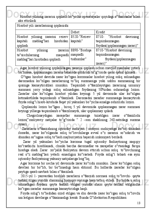 Hisobot yilining zararini qoplash bo yicha operatsiyalar quyidagi o tkazmalar bilan‟ ‟
aks ettiriladi: 
Hisobot yili zararlarining qoplanishi
Debet Kredit
Hisobot   yilining   zararini   rezerv
kapitali   mablag lari   hisobidan	
‟
qoplash 8520-”Rezerv 
kapitali” 8710-   ”Hisobot   davrining
taqsimlanmagan
foydasi(qoplanmagan zarari)”
Hisobot  yilining  zararini
ta sischilarning   maqsadli	
‟
mablag lari hisobidan qoplash	
‟ 8890-”Boshqa 
maqsadli 
tushumlar” 8710-”Hisobot davrining 
taqsimlanmagan 
foydasi(qoplanmagan 
zarari)”
  Agar hisobot yilining qoplanmagan zararini qoplash uchun mavjud manbalar yetarli
bo lmasa, qoplanmagan zararni balansda qoldirish to g risida qaror qabul qilinadi. 	
‟ ‟ ‟
    O tgan   hisobot   davrida   zarar   ko rgan   korxonalar   hisobot   yiling   soliq   solinadigan
‟ ‟
daromadini   ko rilgan   zararlarning   to liq   summasiga   yoki   ushbu   summaning   bir	
‟ ‟
qismiga   kamaytirishlari   mumkin.   Taqsimlab   o tkazilayotgan   zararning   umumiy	
‟
summasi   joriy   yidagi   soliq   solinadigan   foydaning   50%idan   oshmasligi   lozim.
Zararlar   ular   ko rilgan   hisobot   yilidan   keyingi   5   yil   davomida   ular   ko rilgan	
‟ ‟
ketmaketlikda   taqsimlanib   o tkaziladi.   Daromadni   zararlar   summasiga   kamaytirish	
‟
foyda solig i hisob-kitobida faqat yil yakunlari bo yicha amalga oshirilishi lozim.  	
‟ ‟
    Qoplanishi   lozim   bo lgan   ,   biroq   5   yil   davomida   qoplanmagan   zarar   summasi	
‟
keyingi yillarga taqsimlanib o tkazilmaydi, ular qoplanmay qoladi. 	
‟
    Chegirilmaydigan   xarajatlar   summasiga   tuzatilgan   zarar   o tkazilishi	
‟
lozim(”moliyaviy   natijalar   to g risida   ”   2   –son   shaklining   240-satridagi   summa	
‟ ‟
emas). 
      Zararlarni   o tkazishning   iqtisodiy   mohiyati   (   imtiyoz   mohiyatiga   ko ra)   shundan	
‟ ‟
iboratki,   zarar   ko rilganda   soliq   to lovchilarga   avval   o z   zararini   so ndirish   va	
‟ ‟ ‟ ‟
shundan so ngina soliq to lash majburiyatini bajarish imkoniyati beriladi. 	
‟ ‟
    Zarar   yil   yakunlari   bo yicha   korxona   tugal   iqtisodiy   faoliaytining   xaqiqiy	
‟
ko rsatkichi   hisoblanadi,   chunki   barcha   daromadlar   va   xarajatlar   o rtasidagi   farqni	
‟ ‟
hisobga   oladi.   Zarar     xo jalik   faoliyatini   davom   ettirish   uchun   soliq     to lovchining	
‟ ‟
real   o z   mablag lari   yetarli   emasligini   ko rsatadi.   Foyda   solig i   tabiati   esa   ayni	
‟ ‟ ‟ ‟
iqtisodiy faoliyatning yakuniy natijalariga bog liq. 	
‟
   Agar korxona bir necha yil davomida zarar ko rishi mumkin. Zarar ko rilgan soliq	
‟ ‟
davrlari   bir   bo lib,   bir   bo lmasligi   ham   ehtimol.   Bu   hollarda   zararlar   ko rilgan	
‟ ‟ ‟
paytiga qarab navbati bilan o tkaziladi. 	
‟
    2015-yil   1-   yanvardan boshlab  zararlarni  o tkazish   normasi  soliq  to lovchi-  qayta	
‟ ‟
tashkil tilgan yuridik shaxsning huquqiy vorisiga ham tatbiq etiladi. Bu holda u soliq
solinadigan   foydani   qayta   tashkil   etilgan   yuridik   shaxs   qayta   tashkil   etilguncha
ko rgan zararlar summasiga kamaytirishga haqli.  	
‟
   Foyda solig i to lashdan ozod etilgan va shu davrda zarar ko rgan soliq to lovchi	
‟ ‟ ‟ ‟
uni kelgusi davrlarga o tkazmasligi kerak. Bunda O zbekiston Respublikasi 	
‟ ‟
  13