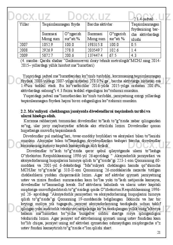                       2.1.4-jadval 
Yillar Taqsimlanmagan foyda Barcha aktivlar Taqsimlanmagan
foydanining   bar-
cha   aktivlardagi
ulushiSummasi 
Mimg sum O zgarish ‟
sur ati %
‟ Summasi 
Mimg sum O zgarish 	
‟
sur ati %
‟
2007 1052.9 100.0 198315.8 100.0 0.5
2008 2926.9 278.0 203549.7 102.6 1.4
2009 5872.7 200.6 137447.4 67.5 4.3
(4.  manba -  Qarshi   shahar  ” Gazkomserviz   ilmiy   tehnik   metrologik ” MCHJ   ning  2014-
2015–  yillardagi   yillik   hisobot   ma ‟ lumotlari ) 
 
   Yuqoridagi   jadval   ma ‟ lumotlaridan   ko ‟ rinib   turibdiki ,  korxonaning   taqsimlanmagan
foydasi  2008- yildagi  2007- yilga   nisbatan  278.0 %  ga  ,  barcha   aktivlarga   nisbatan   esa
1.4% ni   tashkil   etadi .   Bu   ko ‟ rsatkichlar   2016- yilda   2015- yilga   nisbatan   200.6%,
aktivlardagi   salmog ‟ i  4.3  foizni   tashkil   etganligini   ko ‟ rishimiz   mumkin . 
    Yuqoridagi   jadval   ma ‟ lumotlaridan   ko ‟ rinib   turibdiki ,  jamiyatning   oxirgi   yillardagi
taqsimlanmagan   foydasi   hajmi   biroz   oshganligini   ko ‟ rishimiz   mumkin . 
 
2.2. Ma’suliyati  cheklangan jamiyatda divedendlarni taqsimlash tartibi va 
ularni hisobga olish. 
    Korxona   rahbariyati   tomonidan   divedendlar   to lash   to g risida   xabar   qilingandan	
‟ ‟ ‟
so ng,   ular   joriy   majburiyatlar   sifatida   aks   ettirilishi   lozim.   Divedendlar   qonun	
‟
hujjatlariga muvofiq taqsimlanadi. 
   Divedendlar pul mablag lari, tovar-moddiy boyliklari va aksiyalari bilan to lanishi	
‟ ‟
mumkin.   Aksiyalar   bilan   to lanadigan   divedendlardan   tashqari   barcha   divedendlar	
‟
korxonaning xususiy kapitali kamayishiga olib keladi. 
    Divedendlar   to lash   to g risida   qaror   qabul   qilayotganda   ularni   to lashga	
‟ ‟ ‟ ‟
O zbekiston   Respublikasining   1996-yil   26-apreldagi   ”   Aksiyadorlik   jamiyatlari   va	
‟
aksiyadorlarning huquqlarini himoya qilish to g risida”gi 223-1-son Qonunining 60-	
‟ ‟
moddasi   va   2001-yil   6-dekabrdagi   ”Ma suliyati   cheklangan   hamda   qo shimcha	
‟ ‟
MCHJlar   to g risida”gi   310-II-son   Qonunining   26-moddalarida   nazarda   tutilgan	
‟ ‟
cheklashlarni   yoddan   chiqarmaslik   lozim.   Agar   sof   aktivlar   qiymati   jamiyatning
ustav   va   zixira   fondlari   summasidan   kam   bo lsa   yoki   to lash   natijasida   kamaysa,	
‟ ‟
divedendlar   to lanmasligi   kerak.   Sof   aktivlarni   baholash   va   ularni   ustav   kapitali	
‟
miqdoriga muvofiqlashtirish to g risidagi qoida O zbekiston Respublikasining 1996-	
‟ ‟ ‟
yil   26-   apreldagi   ”Aksiyadorlik   jamiyatlari   va   aksiyadorlarning   huquqlarini   himoya
qilish   to g risida”gi   Qonunning   19-moddasida   belgilangan.   Ikkinchi   va   har   bir	
‟ ‟
keyingi   moliya   yili   tugagach,   jamiyat   aksiyadorlarining   tasdiqlashi   uchun   taklif
qilingan yoki auditorlik tekshiruvi natijalariga ko ra tasdiqlangan yillik buxg alteriya	
‟ ‟
balansi   ma lumotlari   bo yicha   buxgalter   ushbu   shartga   rioya   qilinganligini	
‟ ‟
tekshirishi   lozim.  Agar   jamiyat   sof   aktivlarining   qiymati   uning  ustav   fondidan   kam
bo lib chiqsa, jamiyat  uning sof  aktivlari qymatidan oshmaydigan miqdorgacha o z	
‟ ‟
ustav fondini kamaytirish to g risida e lon qilishi shart. 	
‟ ‟ ‟
  21   