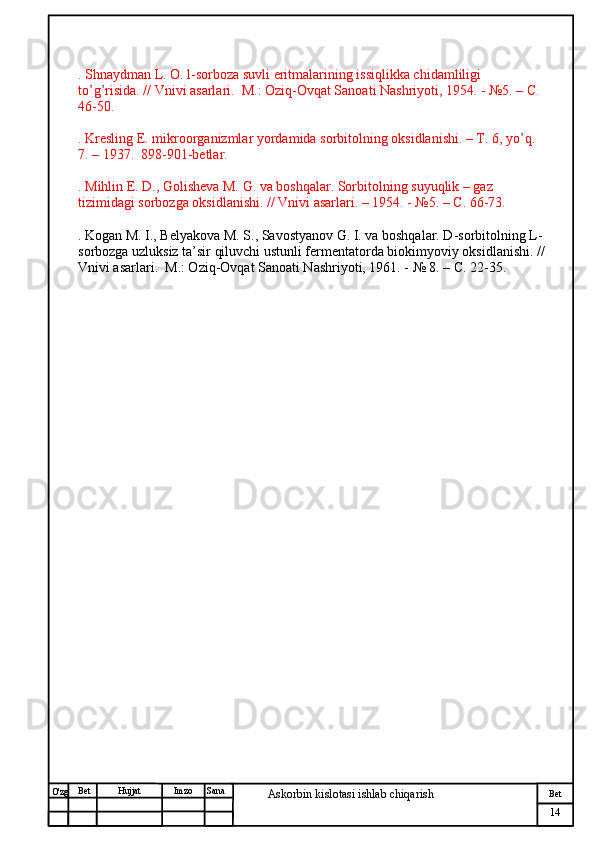 № Хужжат
Изм
14Bet
Askorbin kislotasi ishlab chiqarish SanaImzoBet
Hujjat
O'zg . Shnaydman L. O. l-sorboza suvli eritmalarining issiqlikka chidamliligi 
to’g’risida. // Vnivi asarlari.  M.: Oziq-Ovqat Sanoati Nashriyoti, 1954. - №5. – C. 
46-50.
. Kresling E. mikroorganizmlar yordamida sorbitolning oksidlanishi. – T. 6, yo’q. 
7. – 1937.  898-901-betlar.
. Mihlin E. D., Golisheva M. G. va boshqalar. Sorbitolning suyuqlik – gaz 
tizimidagi sorbozga oksidlanishi. // Vnivi asarlari. – 1954. - №5. – C. 66-73.
. Kogan M. I., Belyakova M. S., Savostyanov G. I. va boshqalar. D-sorbitolning L-
sorbozga uzluksiz ta’sir qiluvchi ustunli fermentatorda biokimyoviy oksidlanishi. //
Vnivi asarlari.  M.: Oziq-Ovqat Sanoati Nashriyoti, 1961. - № 8. – C. 22-35. 