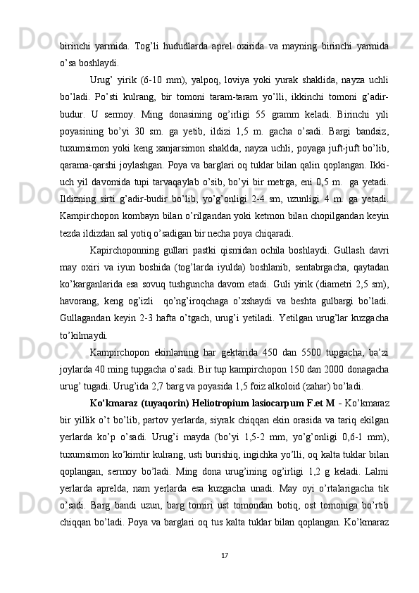 birinchi   yarmida.   Tog’li   hududlarda   aprel   oxirida   va   mayning   birinchi   yarmida
o’sa boshlaydi.
Urug’   yirik   (6-10   mm),   yalpoq,   loviya   yoki   yurak   shaklida,   nayza   uchli
bo’ladi.   Po’sti   kulrang,   bir   tomoni   taram-taram   yo’lli,   ikkinchi   tomoni   g’adir-
budur.   U   sermoy.   Ming   donasining   og’irligi   55   gramm   keladi.   Birinchi   yili
poyasining   bo’yi   30   sm.   ga   yetib,   ildizi   1,5   m.   gacha   o’sadi.   Bargi   bandsiz,
tuxumsimon  yoki   keng  xanjarsimon  shaklda,   nayza  uchli,  poyaga   juft-juft  bo’lib,
qarama-qarshi  joylashgan. Poya va barglari oq tuklar bilan qalin qoplangan. Ikki-
uch   yil   davomida   tupi   tarvaqaylab   o’sib,   bo’yi   bir   metrga,   eni   0,5   m.     ga   yetadi.
Ildizning   sirti   g’adir-budir   bo’lib,   yo’g’onligi   2-4   sm,   uzunligi   4   m.   ga   yetadi.
Kampirchopon kombayn bilan o’rilgandan yoki ketmon bilan chopilgandan keyin
tezda ildizdan sal yotiq o’sadigan bir necha poya chiqaradi. 
Kapirchoponning   gullari   pastki   qismidan   ochila   boshlaydi.   Gullash   davri
may   oxiri   va   iyun   boshida   (tog’larda   iyulda)   boshlanib,   sentabrgacha,   qaytadan
ko’karganlarida   esa   sovuq   tushguncha   davom   etadi.  Guli   yirik   (diametri   2,5   sm),
havorang,   keng   og’izli     qo’ng’iroqchaga   o’xshaydi   va   beshta   gulbargi   bo’ladi.
Gullagandan   keyin   2-3   hafta   o’tgach,   urug’i   yetiladi.   Yetilgan   urug’lar   kuzgacha
to’kilmaydi.
Kampirchopon   ekinlarning   har   gektarida   450   dan   5500   tupgacha,   ba’zi
joylarda 40 ming tupgacha o’sadi. Bir tup kampirchopon 150 dan 2000 donagacha
urug’ tugadi. Urug’ida 2,7 barg va poyasida 1,5 foiz alkoloid (zahar) bo’ladi.  
Ko’kmaraz (tuyaqorin) Heliotropium lasiocarpum F.et M -   Ko’kmaraz
bir   yillik   o’t   bo’lib,   partov   yerlarda,   siyrak   chiqqan   ekin   orasida   va   tariq   ekilgan
yerlarda   ko’p   o’sadi.   Urug’i   mayda   (bo’yi   1,5-2   mm,   yo’g’onligi   0,6-1   mm),
tuxumsimon ko’kimtir kulrang, usti burishiq, ingichka yo’lli, oq kalta tuklar bilan
qoplangan,   sermoy   bo’ladi.   Ming   dona   urug’ining   og’irligi   1,2   g   keladi.   Lalmi
yerlarda   aprelda,   nam   yerlarda   esa   kuzgacha   unadi.   May   oyi   o’rtalarigacha   tik
o’sadi.   Barg   bandi   uzun,   barg   tomiri   ust   tomondan   botiq,   ost   tomoniga   bo’rtib
chiqqan bo’ladi. Poya va barglari oq tus kalta tuklar bilan qoplangan. Ko’kmaraz
17