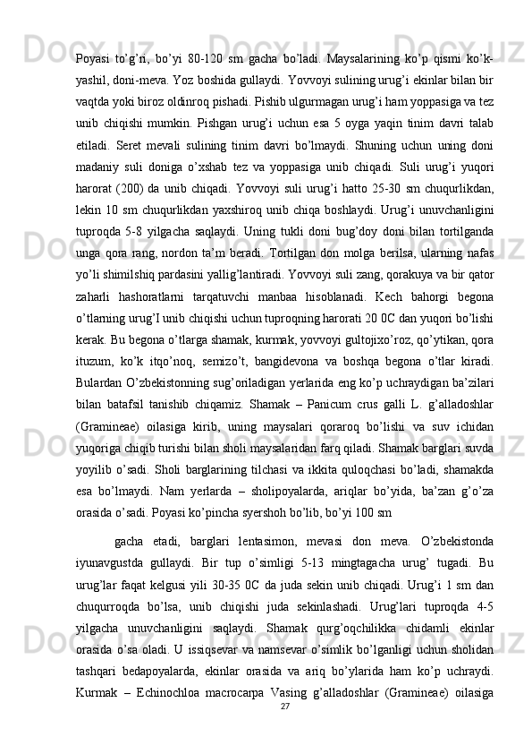 Poyasi   to’g’ri,   bo’yi   80-120   sm   gacha   bo’ladi.   Maysalarining   ko’p   qismi   ko’k-
yashil, doni-meva. Yoz boshida gullaydi. Yovvoyi sulining urug’i ekinlar bilan bir
vaqtda yoki biroz oldinroq pishadi. Pishib ulgurmagan urug’i ham yoppasiga va tez
unib   chiqishi   mumkin.   Pishgan   urug’i   uchun   esa   5   oyga   yaqin   tinim   davri   talab
etiladi.   Seret   mevali   sulining   tinim   davri   bo’lmaydi.   Shuning   uchun   uning   doni
madaniy   suli   doniga   o’xshab   tez   va   yoppasiga   unib   chiqadi.   Suli   urug’i   yuqori
harorat   (200)   da   unib   chiqadi.   Yovvoyi   suli   urug’i   hatto   25-30   sm   chuqurlikdan,
lekin   10   sm   chuqurlikdan   yaxshiroq   unib   chiqa   boshlaydi.   Urug’i   unuvchanligini
tuproqda   5-8   yilgacha   saqlaydi.   Uning   tukli   doni   bug’doy   doni   bilan   tortilganda
unga   qora   rang,   nordon   ta’m   beradi.   Tortilgan   don   molga   berilsa,   ularning   nafas
yo’li shimilshiq pardasini yallig’lantiradi. Yovvoyi suli zang, qorakuya va bir qator
zaharli   hashoratlarni   tarqatuvchi   manbaa   hisoblanadi.   Kech   bahorgi   begona
o’tlarning urug’I unib chiqishi uchun tuproqning harorati 20 0C dan yuqori bo’lishi
kerak. Bu begona o’tlarga shamak, kurmak, yovvoyi gultojixo’roz, qo’ytikan, qora
ituzum,   ko’k   itqo’noq,   semizo’t,   bangidevona   va   boshqa   begona   o’tlar   kiradi.
Bulardan O’zbekistonning sug’oriladigan yerlarida eng ko’p uchraydigan ba’zilari
bilan   batafsil   tanishib   chiqamiz.   Shamak   –   Panicum   crus   galli   L.   g’alladoshlar
(Gramineae)   oilasiga   kirib,   uning   maysalari   qoraroq   bo’lishi   va   suv   ichidan
yuqoriga chiqib turishi bilan sholi maysalaridan farq qiladi. Shamak barglari suvda
yoyilib   o’sadi.   Sholi   barglarining   tilchasi   va   ikkita   quloqchasi   bo’ladi,   shamakda
esa   bo’lmaydi.   Nam   yerlarda   –   sholipoyalarda,   ariqlar   bo’yida,   ba’zan   g’o’za
orasida o’sadi. Poyasi ko’pincha syershoh bo’lib, bo’yi 100 sm 
gacha   etadi,   barglari   lentasimon,   mevasi   don   meva.   O’zbekistonda
iyunavgustda   gullaydi.   Bir   tup   o’simligi   5-13   mingtagacha   urug’   tugadi.   Bu
urug’lar  faqat  kelgusi  yili  30-35 0C  da juda sekin  unib chiqadi.  Urug’i  1 sm  dan
chuqurroqda   bo’lsa,   unib   chiqishi   juda   sekinlashadi.   Urug’lari   tuproqda   4-5
yilgacha   unuvchanligini   saqlaydi.   Shamak   qurg’oqchilikka   chidamli   ekinlar
orasida   o’sa   oladi.   U  issiqsevar   va   namsevar   o’simlik   bo’lganligi   uchun   sholidan
tashqari   bedapoyalarda,   ekinlar   orasida   va   ariq   bo’ylarida   ham   ko’p   uchraydi.
Kurmak   –   Echinochloa   macrocarpa   Vasing   g’alladoshlar   (Gramineae)   oilasiga
27