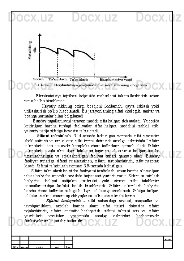               Ekspluatatsiya   tajribasi   kelgusida   mahsulotni   takomillashtirish   uchun
zarur bo‘lib hisoblanadi. 
              Hayotiy   siklning   oxirgi   bosqichi   ikkilamchi   qayta   ishlash   yoki
utillashtirish bo‘lib hisoblanadi.   Bu jarayonlaming sifati ekologik, sanitar va
boshqa normalar bilan belgilanadi. 
       Bunday tugallanuvchi jarayon modeli sifat halqasi deb ataladi. Yuqorida
keltirilgan   barcha   turdagi   faoliyatlar   sifat   halqasi   modelini   tashkil   etib,
yakuniy natija sifatiga bevosita ta’sir etadi. 
              Sifatni   ta’minlash.   3.14-rasmda   keltirilgan   sxemada   sifat   siyosatini
shakllantirish   va   uni   o‘zaro   sifat   tizimi   doirasida   amalga   oshirishda   “sifatni
ta’minlash”   deb   ataluvchi   kompleks   chora-tadbirlami   qamrab   oladi.   Sifatni
ta’minlash   o‘zida   o‘matilgan   talablarni   bajarish   uchun   zarur   bo‘lgan   barcha
tizirnlashtirilgan   va   rejalashtirilgan   faoliyat   turlari   qamrab   oladi.   Bunday
faoliyat   turlariga   sifatni   rejalashtirish,   sifatni   tartiblashtirish,   sifat   nazorati
kiradi. Sifatni ta’minlash sxemasi 3.9-rasmda keltirilgan.
      Sifatni ta’minlash bo‘yicha faoliyatni tasdiqlash uchun barcha o‘tkazilgan
ishlar bo‘yicha muvofiq ravishda hujjatlami yuritish zarur. Sifatni ta’minlash
bo‘yicha   faoliyat   natijalari   mahsulot   yoki   xizmat   sifat   talablarini
qanoatlantirishga   kafolat   bo‘lib   hisoblanadi.   Sifatni   ta’minlash   bo‘yicha
barcha   chora-tadbirlar   sifatga   bo‘lgan   talablarga   asoslanadi.   Sifatga   bo'lgan
talablar iste’molchiiaming ehtiyojlarini to‘liq aks ettirishi lozim.
                Sifatni   boshqarish   -   sifat   sohasidagi   siyosat,   maqsadlar   va
javobgarliklami   aniqlab   hamda   ulami   sifat   tizimi   doirasida   sifatni
rejalashtirish,   sifatni   operativ   boshqarish,   sifatni   ta’mini   ash   va   sifatni
yaxshilash   vositalari   yordamida   amalga   oshirishni   boshqaruvchi
funksiyalarini bajarish jihatlaridir.
O’zg varaq H ujjat Imzo Sana varaq
  
O’zg varaq H ujjat Imzo Sana varaq
   