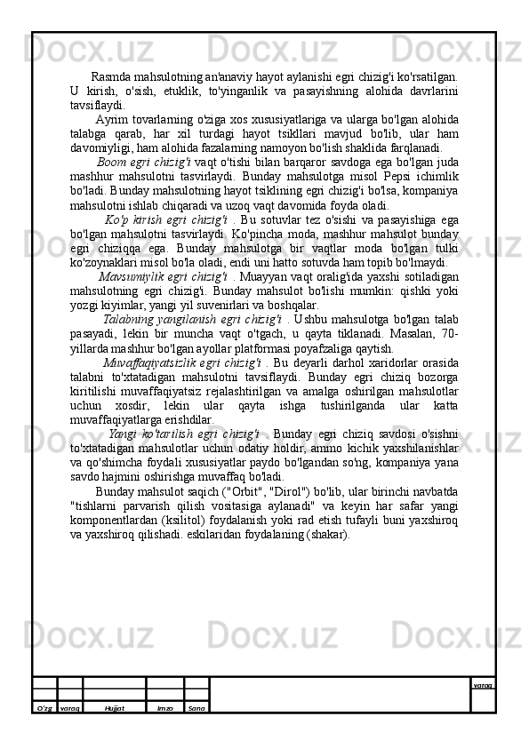   
        Rasmda mahsulotning an'anaviy hayot aylanishi egri chizig'i ko'rsatilgan.
U   kirish,   o'sish,   etuklik,   to'yinganlik   va   pasayishning   alohida   davrlarini
tavsiflaydi.
              Ayrim tovarlarning o'ziga xos xususiyatlariga va ularga bo'lgan alohida
talabga   qarab,   har   xil   turdagi   hayot   tsikllari   mavjud   bo'lib,   ular   ham
davomiyligi, ham alohida fazalarning namoyon bo'lish shaklida farqlanadi.
              Boom egri  chizig'i   vaqt o'tishi  bilan barqaror  savdoga  ega bo'lgan juda
mashhur   mahsulotni   tasvirlaydi.   Bunday   mahsulotga   misol   Pepsi   ichimlik
bo'ladi. Bunday mahsulotning hayot tsiklining egri chizig'i bo'lsa, kompaniya
mahsulotni ishlab chiqaradi va uzoq vaqt davomida foyda oladi.
              Ko'p   kirish   egri   chizig'i   .   Bu   sotuvlar   tez   o'sishi   va   pasayishiga   ega
bo'lgan   mahsulotni   tasvirlaydi.   Ko'pincha   moda,   mashhur   mahsulot   bunday
egri   chiziqqa   ega.   Bunday   mahsulotga   bir   vaqtlar   moda   bo'lgan   tulki
ko'zoynaklari misol bo'la oladi, endi uni hatto sotuvda ham topib bo'lmaydi.
             Mavsumiylik egri  chizig'i   . Muayyan vaqt oralig'ida yaxshi sotiladigan
mahsulotning   egri   chizig'i.   Bunday   mahsulot   bo'lishi   mumkin:   qishki   yoki
yozgi kiyimlar, yangi yil suvenirlari va boshqalar.
              Talabning   yangilanish   egri   chizig'i   .   Ushbu   mahsulotga   bo'lgan   talab
pasayadi,   lekin   bir   muncha   vaqt   o'tgach,   u   qayta   tiklanadi.   Masalan,   70-
yillarda mashhur bo'lgan ayollar platformasi poyafzaliga qaytish.
              Muvaffaqiyatsizlik   egri   chizig'i   .   Bu   deyarli   darhol   xaridorlar   orasida
talabni   to'xtatadigan   mahsulotni   tavsiflaydi.   Bunday   egri   chiziq   bozorga
kiritilishi   muvaffaqiyatsiz   rejalashtirilgan   va   amalga   oshirilgan   mahsulotlar
uchun   xosdir,   lekin   ular   qayta   ishga   tushirilganda   ular   katta
muvaffaqiyatlarga erishdilar.
              Yangi   ko'tarilish   egri   chizig'i   .   Bunday   egri   chiziq   savdosi   o'sishni
to'xtatadigan   mahsulotlar   uchun   odatiy   holdir,   ammo   kichik   yaxshilanishlar
va qo'shimcha foydali xususiyatlar  paydo bo'lgandan so'ng, kompaniya yana
savdo hajmini oshirishga muvaffaq bo'ladi. 
          Bunday mahsulot saqich ("Orbit", "Dirol") bo'lib, ular birinchi navbatda
"tishlarni   parvarish   qilish   vositasiga   aylanadi"   va   keyin   har   safar   yangi
komponentlardan  (ksilitol)  foydalanish  yoki  rad etish tufayli  buni  yaxshiroq
va yaxshiroq qilishadi. eskilaridan foydalaning (shakar).
O’zg varaq H ujjat Imzo Sana varaq
  
O’zg varaq H ujjat Imzo Sana varaq
   