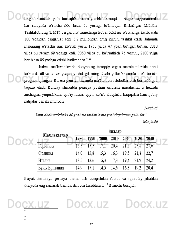 turganlar nisbati, ya’ni boғliqlik oғishmay ortib bormoqda.  “Bugun sayyoramizda
har   soniyada   o’rtacha   ikki   kishi   60   yoshga   to’lmoqda.   Birlashgan   Millatlar
Tashkilotining (BMT) bergan ma’lumotlarga ko’ra, XXI asr o’rtalariga kelib, erda
100   yoshdan   oshganlar   soni   3,2   milliondan   ortiq   kishini   tashkil   etadi.   Jahonda
insonning   o’rtacha   umr   ko’rish   yoshi   1950   yilda   47   yosh   bo’lgan   bo’lsa,   2010
yilda   bu   raqam   69   yoshga   etdi.   2050   yilda   bu   ko’rsatkich   76   yoshni,   2100   yilga
borib esa 85 yoshga etishi kutilmoqda.”  10
  Jadval   ma’lumotlarida   dunyoning   taraqqiy   etgan   mamlakatlarida   aholi
tarkibida 60 va undan yuqori  yoshdagilarning ulushi  yillar kesimida o’sib borishi
prognoz qilingan. Bu esa pensiya tizimida ma’lum bir islohotlar olib borilishligini
taqozo   etadi.   Bunday   sharoitda   pensiya   yoshini   oshirish   masalasini,   u   hozirda
anchagina  yuqorilikdan  qat’iy  nazar,   qayta  ko’rib  chiqilishi  haqiqatan  ham   ijobiy
natijalar berishi mumkin.
5-jadval
Jami aholi tarkibida 60 yosh va undan katta yoshdagilarning ulushi 11
Mln , kishi
Buyuk   Britaniya   pensiya   tizimi   uch   bosqichdan   iborat   va   iqtisodiy   jihatdan
dunyoda eng samarali tizimlardan biri hisoblanadi. 12
 Birinchi bosqich 
10
11
12
17