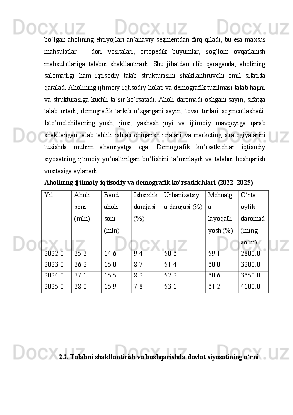 bo‘lgan aholining ehtiyojlari an’anaviy segmentdan farq qiladi, bu esa maxsus
mahsulotlar   –   dori   vositalari,   ortopedik   buyumlar,   sog‘lom   ovqatlanish
mahsulotlariga   talabni   shakllantiradi.   Shu   jihatdan   olib   qaraganda,   aholining
salomatligi   ham   iqtisodiy   talab   strukturasini   shakllantiruvchi   omil   sifatida
qaraladi.Aholining ijtimoiy-iqtisodiy holati va demografik tuzilmasi talab hajmi
va strukturasiga kuchli ta’sir ko‘rsatadi. Aholi daromadi oshgani  sayin, sifatga
talab   ortadi,   demografik   tarkib   o‘zgargani   sayin,   tovar   turlari   segmentlashadi.
Iste’molchilarning   yosh,   jinsi,   yashash   joyi   va   ijtimoiy   mavqeyiga   qarab
shakllangan   talab   tahlili   ishlab   chiqarish   rejalari   va   marketing   strategiyalarini
tuzishda   muhim   ahamiyatga   ega.   Demografik   ko‘rsatkichlar   iqtisodiy
siyosatning   ijtimoiy  yo‘naltirilgan   bo‘lishini   ta’minlaydi   va   talabni   boshqarish
vositasiga aylanadi.
Aholining ijtimoiy-iqtisodiy va demografik ko‘rsatkichlari (2022–2025)
Yil Aholi
soni
(mln) Band
aholi
soni
(mln) Ishsizlik
darajasi
(%) Urbanizatsiy
a darajasi (%) Mehnatg
a
layoqatli
yosh (%) O‘rta
oylik
daromad
(ming
so‘m)
2022.0 35.3 14.6 9.4 50.6 59.1 2800.0
2023.0 36.2 15.0 8.7 51.4 60.0 3200.0
2024.0 37.1 15.5 8.2 52.2 60.6 3650.0
2025.0 38.0 15.9 7.8 53.1 61.2 4100.0
2.3. Talabni shakllantirish va boshqarishda davlat siyosatining o‘rni 