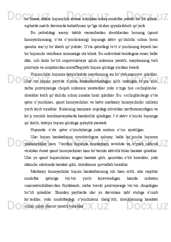 bo‘lmasa, ikkita hujumchili sxema ochiqdan-ochiq mudofaa jadvali bo‘lib qoladi,
oqibatda match davomida tashabbusni qo‘lga olishni qiyinlashtirib qo‘yadi.
Bu   jadvaldagi   asosiy   taktik   variantlardan   sheriklardan   birining   (qanot
himoyachisining,   o‘rta   o‘yinchisining)   hujumga   aktiv   qo‘shilishi   uchun   biron
qanotni sun’iy bo‘shatib qo‘yishdir. O‘rta qatordagi to‘rt o‘yinchining deyarli har
bir hujumchi vazifasini zimmasiga ola biladi. Bu individual tarzdagina emas, balki
ikki,   uch   kishi   bo‘lib   improvizatsiya   qilish   imkonini   yaratib,   maydonning   turli
pozitsiya va nuqtalaridan muvaffaqiyatli hujum qilishga yordam beradi.
Hujumchilar hujumni tayyorlashda maydonning eni bo‘ylab manyovr qiladilar.
Ular   tez   hujum   paytida   o‘yinni   keskinlashtiradigan   qilib   uzatilgan   to‘pni   olib,
zarba   pozitsiyasiga   chiqish   imkonini   yaratadilar   yoki   o‘ziga   hos   «ochiqlik»lar-
sheriklar kelib qo‘shilishi uchun zonalar hosil qiladilar. Bu   «ochiqlik»larga o‘rta
qator   o‘yinchilari,   qanot   himoyachilari   va   hatto   markaziy   himoyachiilar   uzliksiz
yorib kirib turadilar. Bularning hammasi  orqadagi ahvoldan xavfsiramaydigan va
ko‘p   yurishli   kombinatsiyalarda   hamkorlik   qiladigan   5-6   aktiv   o‘yinchi   hujumga
qo‘shilib, tadrijiy hujum qilishiga qulaylik yaratadi.
Hujumda   o‘rta   qator  o‘yinchilariga  juda  muhim   o‘rin   ajratilgan.
Ular   hujum   harakatlarini   uyushtiribgina   qolmay,   balki   ko‘pincha   hujumni
yakunlaydilar   ham.   Vazifasi   hujumda   muntazzam   ravishda   va   o‘ynab   ishtirok
etishdan iborat qanot himoyachilari ham ko‘tarinki aktivlik bilan harakat qiladilar.
Ular   yo   qanot   hujumchilari   singari   harakat   qilib,   qanotdan   o‘tib   boradilar,   yoki
ikkinchi eshelonda harakat qilib, sheriklarini quvvatlab turadilar.
Markaziy   himoyachilar   hujum   harakatlarining   roli   ham   ortib,   ular   raqiblar
mudofaa   qatoriga   tez-tez   yorib   kiraveradigan   hamda   nisbatan
«nazoratsizliklari»dan   foydalanib,   zarba   berish   pozitsiyasiga   tez-tez   chiqadigan
bo‘lib   qoladilar.   Shunday   paytlarda   ular   yo   darvozani   zabt   etishga   o‘rinib
ko‘radilar,   yoki   mudofaadagi   o‘yinchilarni   chalg‘itib,   sheriklarining   harakati
uchun qulay sharoit yaratib beradilar.
