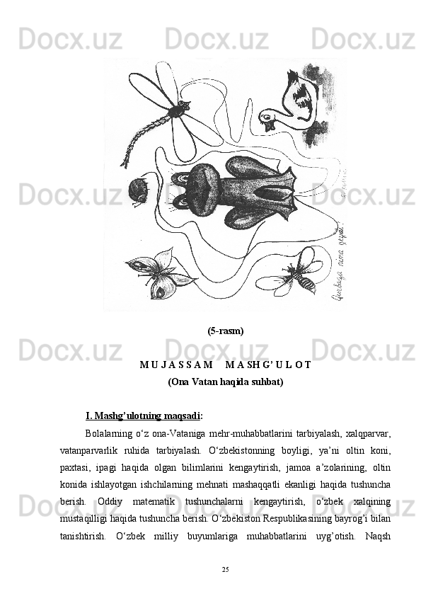 (5-rasm)
M U J A S S A M     M A SH G’ U L O T
(Ona Vatan haqida suhbat)
I. Mashg’ulotning maqsadi :
Bolalarning   o‘z   ona-Vataniga   mehr-muhabbatlarini   tarbiyalash,   xalqparvar,
vatanparvarlik   ruhida   tarbiyalash.   O‘zbekistonning   boyligi,   ya’ni   oltin   koni,
paxtasi,   ipagi   haqida   olgan   bilimlarini   kengaytirish,   jamoa   a’zolarining,   oltin
konida   ishlayotgan   ishchilarning   mehnati   mashaqqatli   ekanligi   haqida   tushuncha
berish.   Oddiy   matematik   tushunchalarni   kengaytirish,   o‘zbek   xalqining
mustaqilligi haqida tushuncha berish. O‘zbekiston Respublikasining bayrog’i bilan
tanishtirish.   O‘zbek   milliy   buyumlariga   muhabbatlarini   uyg’otish.   Naqsh
25 