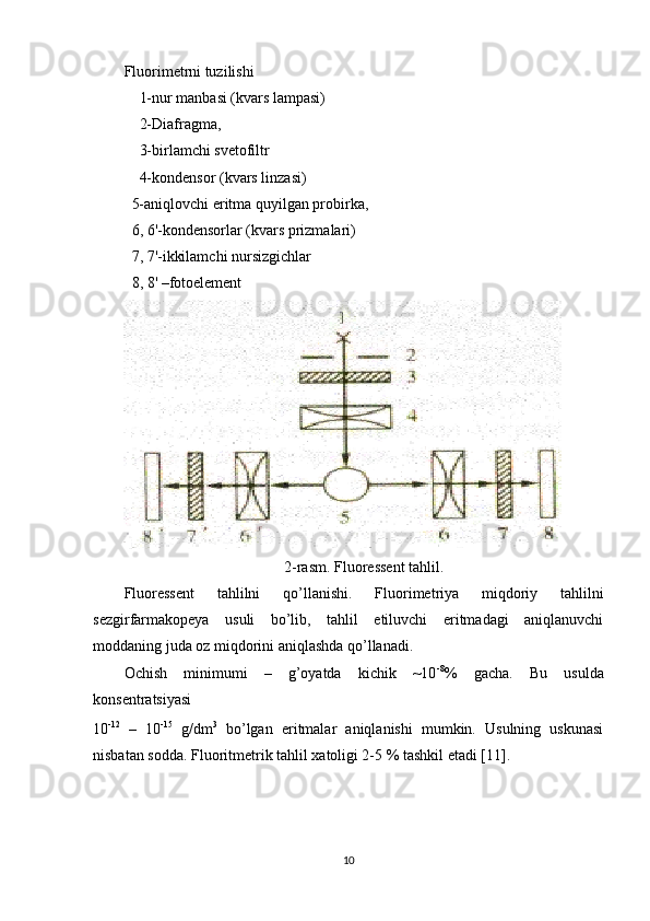 Fluorimetrni tuzilishi  
    1-nur manbasi (kvars lampasi) 
    2-Diafragma,  
    3-birlamchi svetofiltr 
    4-kondensor (kvars linzasi) 
  5-aniqlovchi eritma quyilgan probirka,  
  6, 6'-kondensorlar (kvars prizmalari)  
  7, 7'-ikkilamchi nursizgichlar  
  8, 8' –fotoelement 
 
2-rasm. Fluoressent tahlil.
Fluoressent   tahlilni   qo’llanishi.   Fluorimetriya   miqdoriy   tahlilni
sezgirfarmakopeya   usuli   bo’lib,   tahlil   etiluvchi   eritmadagi   aniqlanuvchi
moddaning juda oz miqdorini aniqlashda qo’llanadi.  
Ochish   minimumi   –   g’oyatda   kichik   ~10 -8
%   gacha.   Bu   usulda
konsentratsiyasi 
10 -12
  –   10 -15
  g/dm 3
  bo’lgan   eritmalar   aniqlanishi   mumkin.   Usulning   uskunasi
nisbatan sodda. Fluoritmetrik tahlil xatoligi 2-5 % tashkil etadi [11].  
10 