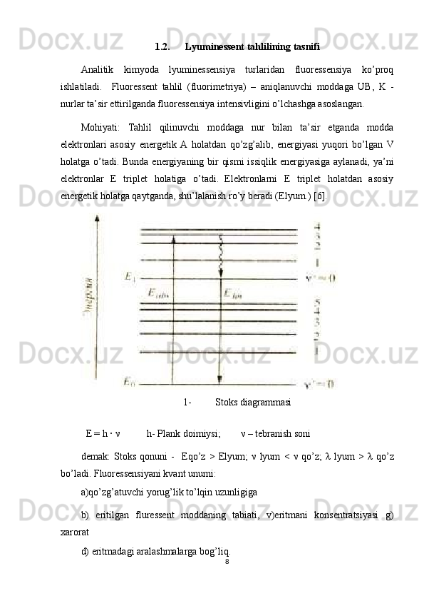 1.2. Lyuminessent tahlilining tasnifi
Analitik   kimyoda   lyuminessensiya   turlaridan   fluoressensiya   ko’proq
ishlatiladi.     Fluoressent   tahlil   (fluorimetriya)   –   aniqlanuvchi   moddaga   UB,   K   -
nurlar ta’sir ettirilganda fluoressensiya intensivligini o’lchashga asoslangan.  
Mohiyati:   Tahlil   qilinuvchi   moddaga   nur   bilan   ta’sir   etganda   modda
elektronlari   asosiy   energetik   A   holatdan   qo’zg’alib,   energiyasi   yuqori   bo’lgan   V
holatga o’tadi. Bunda energiyaning bir qismi  issiqlik energiyasiga  aylanadi, ya’ni
elektronlar   E   triplet   holatiga   o’tadi.  
Elektronlarni   E   triplet   holatdan   asosiy
energetik holatga qaytganda, shu’lalanish ro’y beradi ( Elyum.) [6].   
 
1- Stoks diagrammasi
              
   E = h ·  ν            h- Plank doimiysi;         ν  – tebranish soni  
demak:   Stoks   qonuni   -     Eqo’z   >  Elyum ;   ν   lyum   <   ν   qo’z;   λ   lyum   >   λ   qo’z
bo’ladi. Fluoressensiyani kvant unumi:  
a)qo’zg’atuvchi yorug’lik to’lqin uzunligiga 
b)   eritilgan   fluressent   moddaning   tabiati,   v)eritmani   konsentratsiyasi   g)
xarorat 
d) eritmadagi aralashmalarga bog’liq.  
8 