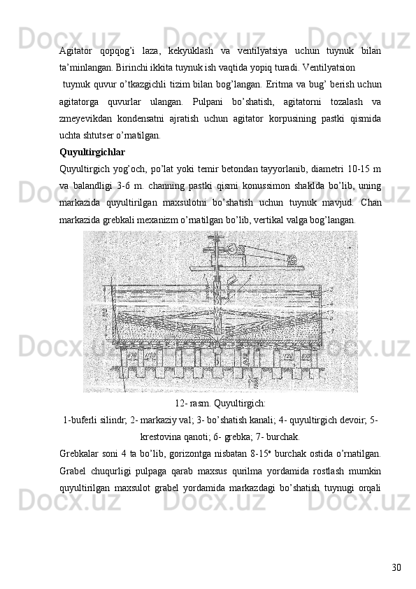 30Agitator   qopqog’i   laza,   kekyuklash   va   ventilyatsiya   uchun   tuynuk   bilan
ta’minlangan. Birinchi ikkita tuynuk ish vaqtida yopiq turadi. Ventilyatsion
  tuynuk quvur  o’tkazgichli  tizim bilan bog’langan.   Eritma va bug’ berish uchun
agitatorga   quvurlar   ulangan.   Pulpani   bo’shatish,   agitatorni   tozalash   va
zmeyevikdan   kondensatni   ajratish   uchun   agitator   korpusining   pastki   qismida
uchta shtutser o’rnatilgan.
Quyultirgichlar
Quyultirgich yog’och, po’lat yoki  temir  betondan tayyorlanib, diametri  10-15 m
va   balandligi   3-6   m.   channing   pastki   qismi   konussimon   shaklda   bo’lib,   uning
markazida   quyultirilgan   maxsulotni   bo’shatish   uchun   tuynuk   mavjud.   Chan
markazida grebkali mexanizm o’rnatilgan bo’lib, vertikal valga bog’langan. 
12- rasm. Quyultirgich:
1-buferli silindr; 2- markaziy val; 3- bo’shatish kanali; 4- quyultirgich devoir; 5-
krestovina qanoti; 6- grebka; 7- burchak.
Grebkalar soni 4 ta bo’lib, gorizontga nisbatan 8-15 o
  burchak ostida o’rnatilgan.
Grabel   chuqurligi   pulpaga   qarab   maxsus   qurilma   yordamida   rostlash   mumkin
quyultirilgan   maxsulot   grabel   yordamida   markazdagi   bo’shatish   tuynugi   orqali 