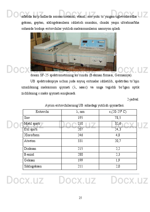 sifatida ko’p hollarda asosan metanol, etanol, suv yoki to’yingan uglevodorodlar -
geksan,   geptan,   siklogeksanlarni   ishlatish   mumkin,   chunki   yaqin   ultrabinafsha
sohasida boshqa erituvchilar yutilish maksimumlarini namoyon qiladi.
6rasm SF-25 spektrometrining ko’rinishi (Bekman firmasi, Germaniya). 
UB   spektroskopiya   uchun   juda   suyuq   eritmalar   ishlatilib,   spektrdan   to’lqin
uzunlikning   maksimum   qiymati   (  ,   макс )   va   unga   tegishli   bo’lgan   optik
zichlikning    maks qiymati aniqlanadi.
2-jadval. 
Ayrim erituvchilarning UB sohadagi yutilish qiymatlari.
Erituvchi  ,  nm  ,(20-25 0
 С)
Suv 195 78,5
Metil spirti 210 32,6
Etil spirti 207 24,3
Xloroform 246 4,8
Atseton 331 20,7
Dioksan 215 2,2
Benzol 280 2,3
Geksan 199 1,9
Siklogeksan 211 2,0
25 
