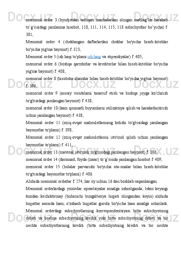 memorial   order   3   (byudjetdan   tashqari   manbalardan   olingan   mablag’lar   harakati
to’g’risidagi  jamlanma hisobot, 110, 111, 114, 115, 118 subschyotlar  bo’yicha) f.
381;
Memorial   order   4   (cheklangan   daftarlardan   cheklar   bo'yicha   hisob-kitoblar
bo'yicha yig'ma bayonot) f. 323;
Memorial order 5 (ish haqi to'plami   ish haqi   va stipendiyalar) f. 405;
memorial   order   6   (boshqa   qarzdorlar   va   kreditorlar   bilan   hisob-kitoblar   bo'yicha
yig'ma bayonot) f. 408;
memorial order 8 (hisobdor shaxslar bilan hisob-kitoblar bo'yicha yig'ma bayonot)
f. 386;
memorial   order   9   (asosiy   vositalarni   tasarruf   etish   va   boshqa   joyga   ko'chirish
to'g'risidagi jamlangan bayonot) f. 438;
memorial order 10 (kam qimmatli buyumlarni utilizatsiya qilish va harakatlantirish
uchun jamlangan bayonot) f. 438;
Memorial   order   11   (oziq-ovqat   mahsulotlarining   kelishi   to'g'risidagi   jamlangan
bayonotlar to'plami) f. 398;
Memorial   order   12   (oziq-ovqat   mahsulotlarini   iste'mol   qilish   uchun   jamlangan
bayonotlar to'plami) f. 411;
memorial order 13 (material iste'moli to'g'risidagi jamlangan bayonot) f. 396;
memorial order 14 (daromad, foyda (zarar) to’g’risida jamlangan hisobot f. 409;
memorial   order   15   (bolalar   parvarishi   bo'yicha   ota-onalar   bilan   hisob-kitoblar
to'g'risidagi bayonotlar to'plami) f. 406.
Alohida memorial orderlar f. 274, har oy uchun 16 dan boshlab raqamlangan.
Memorial   orderlardagi   yozuvlar   operatsiyalar   amalga   oshirilganda,   lekin   keyingi
kundan   kechiktirmay   (birlamchi   buxgalteriya   hujjati   olingandan   keyin)   alohida
hujjatlar   asosida   ham,   o'xshash   hujjatlar   guruhi   bo'yicha   ham   amalga   oshiriladi.
Memorial   orderdagi   subschyotlarning   korrespondentsiyasi   bitta   subschyotning
debeti   va   boshqa   subschyotning   krediti   yoki   bitta   subschyotning   debeti   va   bir
nechta   subschyotlarning   krediti   (bitta   subschyotning   krediti   va   bir   nechta