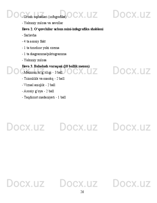 - Urush oqibatlari (infografika)
- Yakuniy xulosa va savollar
Ilova 2. O‘quvchilar uchun mini-infografika shabloni
- Sarlavha
- 4 ta asosiy fakt
- 1 ta timeline yoki sxema
- 1 ta diagramma/piktogramma
- Yakuniy xulosa
Ilova 3. Baholash varaqasi (10 ballik mezon)
- Mazmun to‘g‘riligi - 3 ball
- Tizimlilik va mantiq - 2 ball
- Vizual aniqlik - 2 ball
- Asosiy g‘oya - 2 ball
- Taqdimot madaniyati - 1 ball
26 