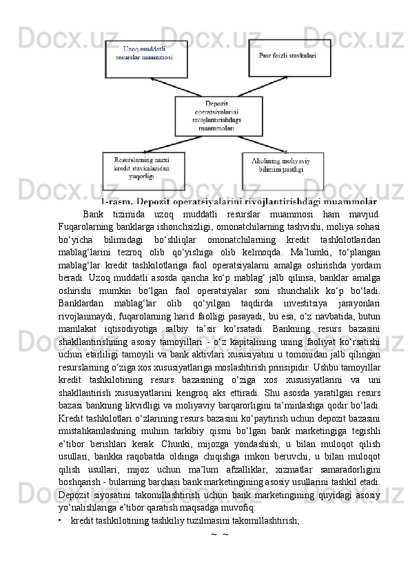 Bank   tizimida   uzoq   muddatli   resurslar   muammosi   ham   mavjud.
Fuqarolarning banklarga ishonchsizligi, omonatchilarning tashvishi, moliya sohasi
bo‘yicha   bilimidagi   bo‘shliqlar   omonatchilarning   kredit   tashkilotlaridan
mablag‘larini   tezroq   olib   qo‘yishiga   olib   kelmoqda.   Ma’lumki,   to‘plangan
mablag‘lar   kredit   tashkilotlariga   faol   operatsiyalarni   amalga   oshirishda   yordam
beradi.   Uzoq   muddatli   asosda   qancha   ko‘p   mablag‘   jalb   qilinsa,   banklar   amalga
oshirishi   mumkin   bo‘lgan   faol   operatsiyalar   soni   shunchalik   ko‘p   bo‘ladi.
Banklardan   mablag‘lar   olib   qo‘yilgan   taqdirda   investitsiya   jarayonlari
rivojlanmaydi,  fuqarolarning harid faolligi  pasayadi,   bu esa,   o‘z  navbatida,  butun
mamlakat   iqtisodiyotiga   salbiy   ta’sir   ko‘rsatadi.   Bankning   resurs   bazasini
shakllantirishning   asosiy   tamoyillari   -   o‘z   kapitalining   uning   faoliyat   ko‘rsatishi
uchun  etarliligi   tamoyili   va  bank   aktivlari   xususiyatini   u   tomonidan  jalb   qilingan
resurslarning o‘ziga xos xususiyatlariga moslashtirish prinsipidir. Ushbu tamoyillar
kredit   tashkilotining   resurs   bazasining   o‘ziga   xos   xususiyatlarini   va   uni
shakllantirish   xususiyatlarini   kengroq   aks   ettiradi.   Shu   asosda   yaratilgan   resurs
bazasi bankning likvidligi va moliyaviy barqarorligini ta’minlashga qodir bo‘ladi.
Kredit tashkilotlari o‘zlarining resurs bazasini ko‘paytirish uchun depozit bazasini
mustahkamlashning   muhim   tarkibiy   qismi   bo‘lgan   bank   marketingiga   tegishli
e’tibor   berishlari   kerak.   Chunki,   mijozga   yondashish,   u   bilan   muloqot   qilish
usullari,   bankka   raqobatda   oldinga   chiqishga   imkon   beruvchi,   u   bilan   muloqot
qilish   usullari,   mijoz   uchun   ma’lum   afzalliklar,   xizmatlar   samaradorligini
boshqarish - bularning barchasi bank marketingining asosiy usullarini tashkil etadi.
Depozit   siyosatini   takomillashtirish   uchun   bank   marketingining   quyidagi   asosiy
yo‘nalishlariga e’tibor qaratish maqsadga muvofiq:
• kredit tashkilotining tashkiliy tuzilmasini takomillashtirish;
~  ~ 