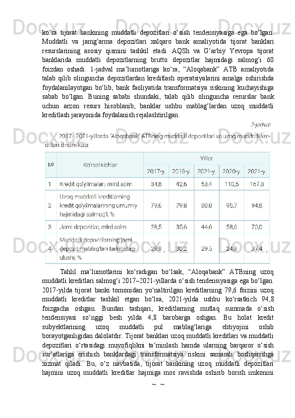 ko‘ra   tijorat   bankining   muddatli   depozitlari   o‘sish   tendensiyasiga   ega   bo‘lgan.
Muddatli   va   jamg‘arma   depozitlari   xalqaro   bank   amaliyotida   tijorat   banklari
resurslarining   asosiy   qismini   tashkil   etadi.   AQSh   va   G‘arbiy   Yevropa   tijorat
banklarida   muddatli   depozitlarning   brutto   depozitlar   hajmidagi   salmog‘i   60
foizdan   oshadi.   1-jadval   ma’lumotlariga   ko‘ra,   “Aloqabank”   ATB   amaliyotida
talab   qilib   olinguncha   depozitlardan   kreditlash   operatsiyalarini   amalga   oshirishda
foydalanilayotgan   bo‘lib,   bank   faoliyatida   transformatsiya   riskining   kuchayishiga
sabab   bo‘lgan.   Buning   sababi   shundaki,   talab   qilib   olinguncha   resurslar   bank
uchun   arzon   resurs   hisoblanib,   banklar   ushbu   mablag‘lardan   uzoq   muddatli
kreditlash jarayonida foydalanish rejalashtirilgan.
Tahlil   ma’lumotlarini   ko‘radigan   bo‘lsak,   “Aloqabank”   ATBning   uzoq
muddatli kreditlari salmog‘i 2017–2021-yillarda o‘sish tendensiyasiga ega bo‘lgan.
2017-yilda   tijorat   banki   tomonidan   yo‘naltirilgan   kreditlarning   79,6   foizini   uzoq
muddatli   kreditlar   tashkil   etgan   bo‘lsa,   2021-yilda   ushbu   ko‘rsatkich   94,8
foizgacha   oshgan.   Bundan   tashqari,   kreditlarning   mutlaq   summada   o‘sish
tendensiyasi   so‘nggi   besh   yilda   4,8   barobarga   oshgan.   Bu   holat   kredit
subyektlarining   uzoq   muddatli   pul   mablag‘lariga   ehtiyojini   oshib
borayotganligidan dalolatdir. Tijorat banklari uzoq muddatli kreditlari va muddatli
depozitlari   o‘rtasidagi   muvofiqlikni   ta’minlash   hamda   ularning   barqaror   o‘sish
sur’atlariga   erishish   banklardagi   transformatsiya   riskini   samarali   boshqarishga
xizmat   qiladi.   Bu,   o‘z   navbatida,   tijorat   bankining   uzoq   muddatli   depozitlari
hajmini   uzoq   muddatli   kreditlar   hajmiga   mos   ravishda   oshirib   borish   imkonini
~  ~ 