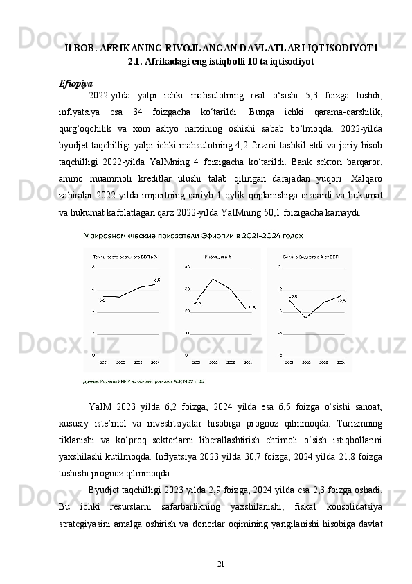 II BOB. AFRIKANING RIVOJLANGAN DAVLATLARI IQTISODIYOTI
2.1. Afrikadagi eng istiqbolli 10 ta iqtisodiyot
Efiopiya
2022-yilda   yalpi   ichki   mahsulotning   real   o‘sishi   5,3   foizga   tushdi,
inflyatsiya   esa   34   foizgacha   ko‘tarildi.   Bunga   ichki   qarama-qarshilik,
qurg‘oqchilik   va   xom   ashyo   narxining   oshishi   sabab   bo‘lmoqda.   2022-yilda
byudjet  taqchilligi  yalpi  ichki  mahsulotning 4,2 foizini  tashkil  etdi  va joriy hisob
taqchilligi   2022-yilda   YaIMning   4   foizigacha   ko‘tarildi.   Bank   sektori   barqaror,
ammo   muammoli   kreditlar   ulushi   talab   qilingan   darajadan   yuqori.   Xalqaro
zahiralar   2022-yilda   importning   qariyb   1  oylik   qoplanishiga   qisqardi   va   hukumat
va hukumat kafolatlagan qarz 2022-yilda YaIMning 50,1 foizigacha kamaydi. 
YaIM   2023   yilda   6,2   foizga,   2024   yilda   esa   6,5   foizga   o‘sishi   sanoat,
xususiy   iste’mol   va   investitsiyalar   hisobiga   prognoz   qilinmoqda.   Turizmning
tiklanishi   va   ko‘proq   sektorlarni   liberallashtirish   ehtimoli   o‘sish   istiqbollarini
yaxshilashi kutilmoqda. Inflyatsiya 2023 yilda 30,7 foizga, 2024 yilda 21,8 foizga
tushishi prognoz qilinmoqda. 
Byudjet taqchilligi 2023 yilda 2,9 foizga, 2024 yilda esa 2,3 foizga oshadi.
Bu   ichki   resurslarni   safarbarlikning   yaxshilanishi,   fiskal   konsolidatsiya
strategiyasini  amalga   oshirish  va  donorlar   oqimining  yangilanishi   hisobiga  davlat
21 