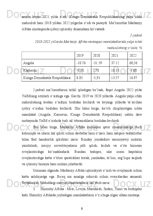 ammo   keyin   2021   yilda   o‘sdi.   Kongo   Demokratik   Respublikasining   yalpi   ichki
mahsuloti ham 2018 yildan 2022 yilgacha o‘sdi va pasaydi. Ma’lumotlar Markaziy
Afrika mintaqasida ijobiy iqtisodiy dinamikani ko‘rsatadi.
2-jadval
2018-2022 yillarda Markaziy Afrika mintaqasi mamlakatlarida yalpi ichki
mahsulotning o sishi, %ʻ
2019 2020 2021 2022
Angola -10.76 -31.59 37.12 60,56
Kamerun -0,76 2.78 10.35 -3.00
Kongo Demokratik Respublikasi 8.85 -5,91 13.57 16.97
2-jadval   ma’lumotlarini   tahlil   qiladigan   bo‘lsak,   faqat   Angola   2022   yilda
YaIMning sezilarli o‘sishiga ega. Garchi 2019 va 2020 yillarda. Angola yalpi ichki
mahsulotning   keskin   o‘sishini   boshdan   kechirdi   va   keyingi   yillarda   ta’sirchan
ijobiy   o‘sishni   boshdan   kechirdi.   Shu   bilan   birga,   ko‘rib   chiqilayotgan   uchta
mamlakat   (Angola,   Kamerun,   Kongo   Demokratik   Respublikasi)   ushbu   davr
mobaynida YaIM o‘sishida turli xil tebranishlarni boshdan kechirdi.
Shu   bilan   birga,   Markaziy   Afrika   mintaqasi   qator   muammolarga   duch
kelmoqda va ularni hal qilish uchun davlatlar ham o‘zaro, ham xalqaro tashkilotlar
bilan   faol   hamkorlik   qilishlari   zarur.   Bunday   yondashuv   sarmoyaviy   muhitni
yaxshilash,   xorijiy   investitsiyalarni   jalb   qilish,   kichik   va   o‘rta   biznesni
rivojlantirishga   ko‘maklashadi.   Bundan   tashqari,   ular   inson   kapitalini
rivojlantirishga katta e’tibor qaratishlari kerak, jumladan, ta’lim, sog‘liqni saqlash
va ijtimoiy himoya ham muhim jihatlardir.
Umuman olganda, Markaziy Afrika iqtisodiyoti o‘sish va rivojlanish uchun
katta   salohiyatga   ega.   Biroq   uni   amalga   oshirish   uchun   resurslardan   samarali
foydalanish, hududdagi mavjud muammolarni hal etish zarur.
3. Shimoliy Afrika - Misr, Liviya, Marokash, Sudan, Tunis va boshqalar
kabi Shimoliy Afrikada joylashgan mamlakatlarni o‘z ichiga olgan ulkan mintaqa.
8 
