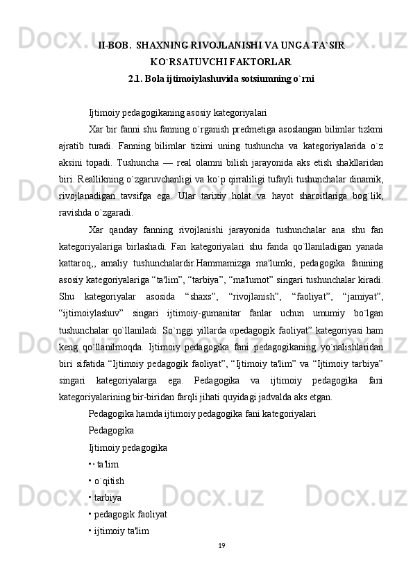 II-BOB.  SHAXNING RIVOJLANISHI VA UNGA TA`SIR
KO`RSATUVCHI FAKTORLAR
2.1. Bola ijtimoiylashuvida sotsiumning o`rni
Ijtimoiy pedagogikaning asosiy kategoriyalari
Xar bir fanni shu fanning o`rganish predmetiga asoslangan bilimlar tizkmi
ajratib   turadi.   Fanning   bilimlar   tizimi   uning   tushuncha   va   kategoriyalarida   o`z
aksini   topadi.   Tushuncha   —   real   olamni   bilish   jarayonida   aks   etish   shakllaridan
biri. Reallikning o`zgaruvchanligi va ko`p qirraliligi tufayli tushunchalar dinamik,
rivojlanadigan   tavsifga   ega.   Ular   tarixiy   holat   va   hayot   sharoitlariga   bog`lik,
ravishda o`zgaradi.
Xar   qanday   fanning   rivojlanishi   jarayonida   tushunchalar   ana   shu   fan
kategoriyalariga   birlashadi.   Fan   kategoriyalari   shu   fanda   qo`llaniladigan   yanada
kattaroq,,   amaliy   tushunchalardir.Hammamizga   ma'lumki,   pedagogika   fanining
asosiy kategoriyalariga “ta'lim”, “tarbiya”, “ma'lumot” singari tushunchalar kiradi.
Shu   kategoriyalar   asosida   “shaxs”,   “rivojlanish”,   “faoliyat”,   “jamiyat”,
“ijtimoiylashuv”   singari   ijtimoiy-gumanitar   fanlar   uchun   umumiy   bo`lgan
tushunchalar  qo`llaniladi. So`nggi  yillarda «pedagogik faoliyat” kategoriyasi  ham
keng   qo`llanilmoqda.   Ijtimoiy   pedagogika   fani   pedagogikaning   yo`nalishlaridan
biri   sifatida   “Ijtimoiy   pedagogik   faoliyat”,   “Ijtimoiy   ta'lim”   va   “Ijtimoiy   tarbiya”
singari   kategoriyalarga   ega.   Pedagogika   va   ijtimoiy   pedagogika   fani
kategoriyalarining bir-biridan farqli jihati quyidagi jadvalda aks etgan.
Pedagogika hamda ijtimoiy pedagogika fani kategoriyalari
Pedagogika
Ijtimoiy pedagogika
•· ta'lim
• o`qitish
• tarbiya
• pedagogik faoliyat
• ijtimoiy ta'lim
19 