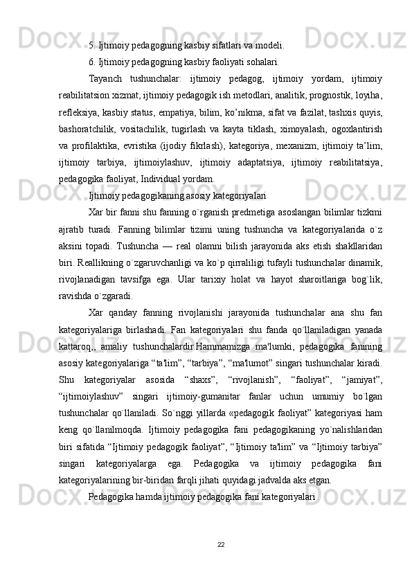 5. Ijtimoiy pedagogning kasbiy sifatlari va modeli.
6. Ijtimoiy pedagogning kasbiy faoliyati sohalari.
Tayanch   tushunchalar:   ijtimoiy   pedagog,   ijtimoiy   yordam,   ijtimoiy
reabilitatsion xizmat, ijtimoiy pedagogik ish metodlari, analitik, prognostik, loyiha,
refleksiya, kasbiy status, empatiya, bilim, ko’nikma, sifat va fazilat, tashxis quyis,
bashoratchilik,   vositachilik,   tugirlash   va   kayta   tiklash,   ximoyalash,   ogoxlantirish
va   profilaktika,   evristika   (ijodiy   fikrlash),   kategoriya,   mexanizm,   ijtimoiy   ta’lim,
ijtimoiy   tarbiya,   ijtimoiylashuv,   ijtimoiy   adaptatsiya,   ijtimoiy   reabilitatsiya,
pedagogika faoliyat, Individual yordam.
Ijtimoiy pedagogikaning asosiy kategoriyalari
Xar bir fanni shu fanning o`rganish predmetiga asoslangan bilimlar tizkmi
ajratib   turadi.   Fanning   bilimlar   tizimi   uning   tushuncha   va   kategoriyalarida   o`z
aksini   topadi.   Tushuncha   —   real   olamni   bilish   jarayonida   aks   etish   shakllaridan
biri. Reallikning o`zgaruvchanligi va ko`p qirraliligi tufayli tushunchalar dinamik,
rivojlanadigan   tavsifga   ega.   Ular   tarixiy   holat   va   hayot   sharoitlariga   bog`lik,
ravishda o`zgaradi.
Xar   qanday   fanning   rivojlanishi   jarayonida   tushunchalar   ana   shu   fan
kategoriyalariga   birlashadi.   Fan   kategoriyalari   shu   fanda   qo`llaniladigan   yanada
kattaroq,,   amaliy   tushunchalardir.Hammamizga   ma'lumki,   pedagogika   fanining
asosiy kategoriyalariga “ta'lim”, “tarbiya”, “ma'lumot” singari tushunchalar kiradi.
Shu   kategoriyalar   asosida   “shaxs”,   “rivojlanish”,   “faoliyat”,   “jamiyat”,
“ijtimoiylashuv”   singari   ijtimoiy-gumanitar   fanlar   uchun   umumiy   bo`lgan
tushunchalar  qo`llaniladi. So`nggi  yillarda «pedagogik faoliyat” kategoriyasi  ham
keng   qo`llanilmoqda.   Ijtimoiy   pedagogika   fani   pedagogikaning   yo`nalishlaridan
biri   sifatida   “Ijtimoiy   pedagogik   faoliyat”,   “Ijtimoiy   ta'lim”   va   “Ijtimoiy   tarbiya”
singari   kategoriyalarga   ega.   Pedagogika   va   ijtimoiy   pedagogika   fani
kategoriyalarining bir-biridan farqli jihati quyidagi jadvalda aks etgan.
Pedagogika hamda ijtimoiy pedagogika fani kategoriyalari
 
22 