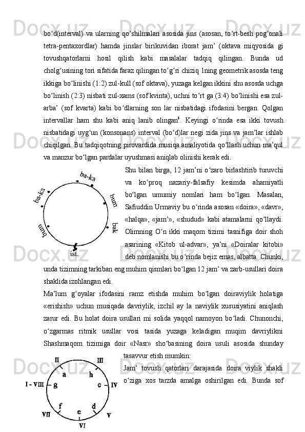 bo d(interval)   va  ularning  qo shilmalari   asosida   jins   (asosan,   to rt-besh   pog onaliʻ ʻ ʻ ʻ
tetra-pentaxordlar)   hamda   jinslar   birikuvidan   iborat   jam’   (oktava   miqyosida   gi
tovushqatorlarni   hosil   qilish   kabi   masalalar   tadqiq   qilingan.   Bunda   ud
cholg usining tori sifatida faraz qilingan to g ri chiziq 1ning geometrik asosda teng	
ʻ ʻ ʻ
ikkiga bo linishi (1:2) zul-kull (sof oktava), yuzaga kelgan ikkini shu asosda uchga	
ʻ
bo linish (2:3) nisbati zul-xams (sof kvinta), uchni to rt ga (3:4) bo linishi esa zul-	
ʻ ʻ ʻ
arba’   (sof   kvarta)   kabi   bo dlarning   son   lar   nisbatidagi   ifodasini   bergan.   Qolgan	
ʻ
intervallar   ham   shu   kabi   aniq   lanib   olingan 4
.   Keyingi   o rinda   esa   ikki   tovush	
ʻ
nisbatidagi   uyg un   (konsonans)   interval   (bo d)lar   negi   zida   jins   va   jam’lar   ishlab	
ʻ ʻ
chiqilgan. Bu tadqiqotning pirovardida musiqa amaliyotida qo llash uchun ma’qul	
ʻ
va manzur bo lgan pardalar uyushmasi aniqlab olinishi kerak edi.	
ʻ
Shu bilan birga, 12 jam’ni o zaro birlashtirib turuvchi	
ʻ
va   ko proq   nazariy-falsafiy   kesimda   ahamiyatli	
ʻ
bo lgan   umumiy   nomlari   ham   bo lgan.   Masalan,	
ʻ ʻ
Safiuddin Urmaviy bu o rinda asosan «doira», «davr»,	
ʻ
«halqa»,   «jam’»,   «shudud»   kabi   atamalarni   qo llaydi.	
ʻ
Olimning   O n   ikki   maqom   tizimi   tasnifiga   doir   shoh	
ʻ
asarining   «Kitob   ul-advar»,   ya’ni   «Doiralar   kitobi»
deb nomlanishi bu o rinda bejiz emas, albatta. Chunki,	
ʻ
unda tizimning tarkiban eng muhim qismlari bo lgan 12 jam’ va zarb-usullari doira
ʻ
shaklida izohlangan edi. 
Ma’lum   g oyalar   ifodasini   ramz   etishda   muhim   bo lgan   doiraviylik   holatiga	
ʻ ʻ
«erishish»   uchun   musiqada   davriylik,   izchil   ay   la   naviylik   xususiyatini   aniqlash
zarur   edi.   Bu   holat   doira   usullari   mi   solida   yaqqol   namoyon   bo ladi.   Chunonchi,	
ʻ
o zgarmas   ritmik   usullar   vosi   tasida   yuzaga   keladigan   muqim   davriylikni	
ʻ
Shashmaqom   tizimiga   doir   «Nasr»   sho basining   doira   usuli   asosida   shunday	
ʻ
tasavvur etish mumkin:
Jam’   tovush   qatorlari   darajasida   doira   viylik   shakli
o ziga   xos   tarzda   amalga   oshirilgan   edi.   Bunda   sof	
ʻ
4 