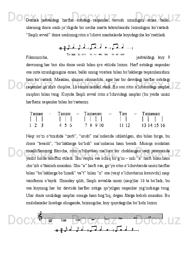 Demak   jadvaldagi   harflar   ostidagi   raqamlar,   tovush   uzunligini   emas,   balki,
ularning doira usuli jo rligida bir necha marta takrorlanishi lozimligini ko rsatadi.ʻ ʻ
“Saqili avval” doira usulining ritm o lchovi manbalarda kuyidagicha ko rsatiladi. 	
ʻ ʻ
Fikrimizcha, jadvaldagi   kuy   9
davrining   har   biri   shu   doira  usuli   bilan   ijro  etilishi   lozim.   Harf   ostidagi   raqamlar
esa nota uzunliginigina emas, balki uning vositasi bilan bo laklarga taqsimlanishini	
ʻ
ham ko rsatadi. Masalan, shunisi ishonarliki, agar har bir davrdagi harflar ostidagi	
ʻ
raqamlar qo shib chiqilsa, 16 sonini tashkil etadi. Bu son ritm o lchovidagi naqrlar	
ʻ ʻ
miqdori  bilan teng. Kuyida Saqili  avval ritm o lchividagi naqrlar (bu yerda unsiz	
ʻ
harflarni raqamlar bilan ko rsatamiz	
ʻ
Naqr   so zi   o tmishda   “zarb”,   “urish”   ma’nolarida   ishlatilgan,   shu   bilan   birga,   bu	
ʻ ʻ
ibora   “kesish”,   “bo laklarga   bo lish”   ma’nolarini   ham   beradi.   Musiqa   risolalari	
ʻ ʻ
mualliflarining   fikricha,   ritm   o lchovlari   ma’lum   bir   cheklangan   vaqt   jarayonida	
ʻ
yaxlit holda talaffuz etiladi. Shu vaqtni esa ochiq bo g in – unli “a” harfi bilan ham	
ʻ ʻ
cho zib o tkazish mumkin. Shu “a” harfi esa, go yo ritm o lchovlarida unsiz harflar	
ʻ ʻ ʻ ʻ
bilan “bo laklarga bo linadi” va”t” bilan “n” esa (vaqt o lchovlarini kesuvchi) naqr	
ʻ ʻ ʻ
vazifasini   o taydi.   Shunday  qilib,  Saqili   avvalda   unsiz   (naqr)lar   16  ta   bo ladi,   bu	
ʻ ʻ
esa   kuyning   har   bir   davrida   harflar   ostiga   qo yilgan   raqamlar   yig indisiga   teng.	
ʻ ʻ
Ular doira usulidagi  naqrlar soniga ham bog liq, degan fikrga kelish mumkin. Bu	
ʻ
mulohazalar hisobga olinganda, bizningcha, kuy quyidagicha bo lishi lozim. 	
ʻ 