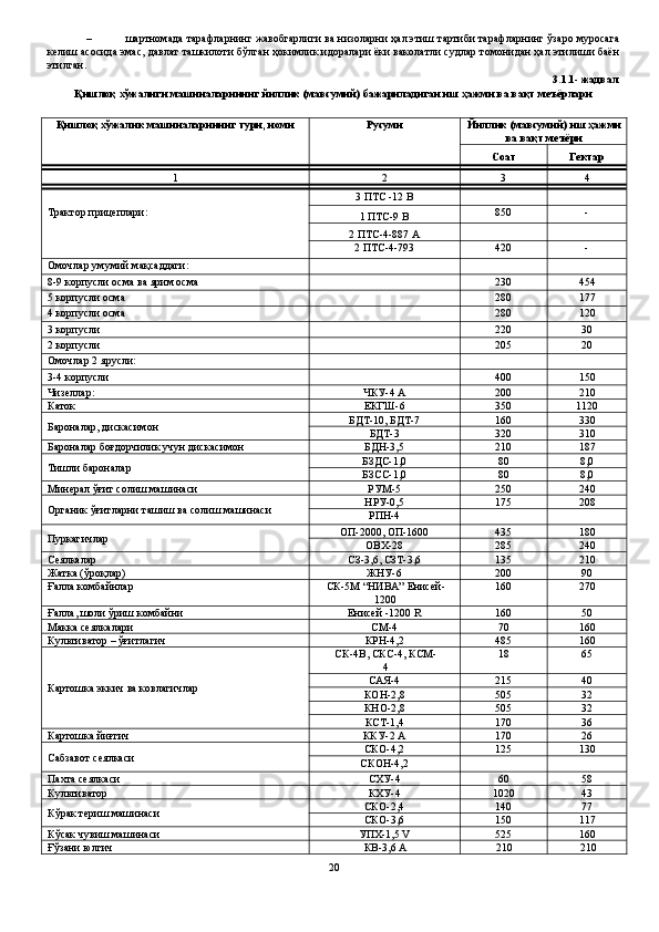 – шартномада тарафларнинг жавобгарлиги ва низоларни ҳал этиш тартиби тарафларнинг ўзаро муросага
келиш асосида эмас, давлат ташкилоти бўлган ҳокимлик идоралари ёки ваколатли судлар томонидан ҳал этилиши баён
этилган. 
3.1.1- жадвал 
Қишлоқ хўжалиги машиналарининг йиллик (мавсумий) бажариладиган иш ҳажми ва вақт меъёрлари 
 
Қишлоқ хўжалик машиналарининг тури, номи   Русуми  Йиллик (мавсумий) иш ҳажми
ва вақт меъёри 
Соат  Гектар 
1  2  3  4 
 
Трактор прицеплари:  3 ПТС -12 В 
   
1 ПТС-9 В  850  - 
2 ПТС-4-887 А     
2 ПТС-4-793  420  - 
Омочлар умумий мақсаддаги: 
     
8-9 корпусли осма ва ярим осма 
  230  454 
5 корпусли осма 
  280  177 
4 корпусли осма 
  280  120 
3 корпусли 
  220  30 
2 корпусли 
  205  20 
Омочлар 2 ярусли: 
     
3-4 корпусли 
  400  150 
Чизеллар:  ЧКУ-4 А  200  210 
Каток  ЕКГШ-6  350  1120 
Бароналар, дискасимон   БДТ-10, БДТ-7  160  330 
БДТ-3  320  310 
Бароналар боғдорчилик учун дискасимон  БДН-3,5  210  187 
Тишли бароналар  БЗДС-1,0  80  8,0 
БЗСС-1,0  80  8,0 
Минерал ўғит солиш машинаси  РУМ-5  250  240 
Органик ўғитларни ташиш ва солиш машинаси  НРУ-0,5  175  208 
РПН-4 
   
Пуркагичлар  ОП-2000, ОП-1600  435  180 
ОВХ-28  285  240 
Сеялкалар  СЗ-3,6, СЗТ-3,6  135  210 
Жатка (ўроқлар)  ЖНУ-6  200  90 
Ғалла комбайнлар  СК-5М “НИВА” Енисей-
1200  160  270 
Ғалла, шоли ўриш комбайни  Енисей -1200 R  160  50 
Макка сеялкалари  СМ-4  70  160 
Культиватор – ўғитлагич  КРН-4,2  485  160 
Картошка эккич ва ковлагичлар  СК-4В, СКС-4, КСМ-
4  18  65 
САЯ-4  215  40 
КОН-2,8  505  32 
КНО-2,8  505  32 
КСТ-1,4  170  36 
Картошка йиғгич  ККУ-2 А  170  26 
Сабзавот сеялкаси  СКО-4,2  125  130 
СКОН-4,2 
   
Пахта сеялкаси  СХУ-4  60  58 
Культиватор  КХУ-4  1020  43 
Кўрак териш машинаси  СКО-2,4  140  77 
СКО-3,6  150  117 
Кўсак чувиш машинаси  УПХ-1,5 V  525  160 
Ғўзани юлгич  КВ-3,6 А  210  210 
20