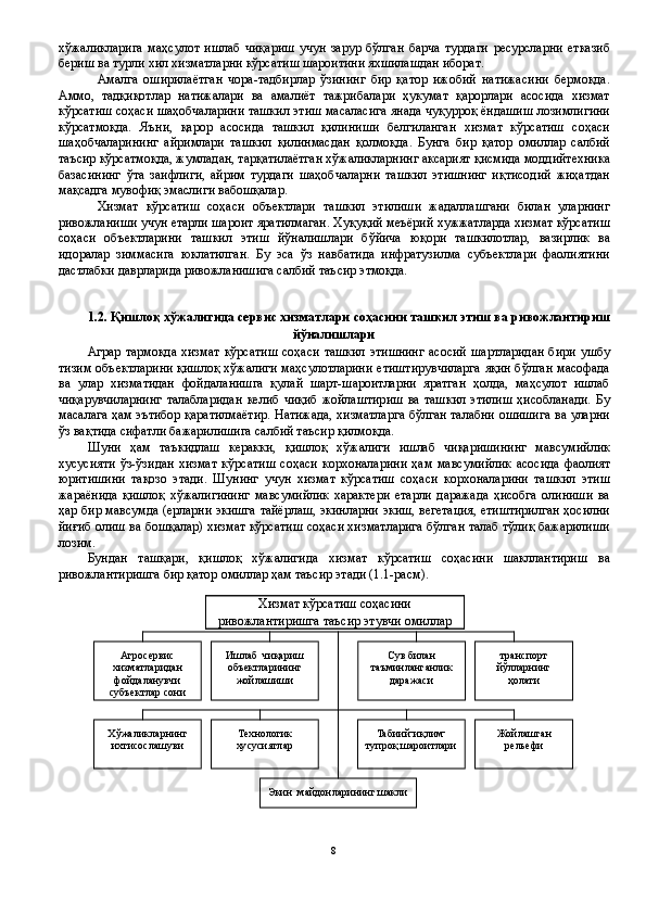 хўжаликларига   маҳсулот   ишлаб   чиқариш   учун   зарур   бўлган   барча   турдаги   ресурсларни   етказиб
бериш ва турли хил хизматларни кўрсатиш шароитини яхшилашдан иборат. 
Амалга   оширилаётган   чора-тадбирлар   ўзининг   бир   қатор   ижобий   натижасини   бермоқда.
Аммо,   тадқиқотлар   натижалари   ва   амалиёт   тажрибалари   ҳукумат   қарорлари   асосида   хизмат
кўрсатиш соҳаси шаҳобчаларини ташкил этиш масаласига янада чуқурроқ ёндашиш лозимлигини
кўрсатмоқда.   Яъни,   қарор   асосида   ташкил   қилиниши   белгиланган   хизмат   кўрсатиш   соҳаси
шаҳобчаларининг   айримлари   ташкил   қилинмасдан   қолмоқда.   Бунга   бир   қатор   омиллар   салбий
таъсир кўрсатмоқда, жумладан, тарқатилаётган хўжаликларнинг аксарият қисмида моддийтехника
базасининг   ўта   заифлиги,   айрим   турдаги   шаҳобчаларни   ташкил   этишнинг   иқтисодий   жиҳатдан
мақсадга мувофиқ эмаслиги вабошқалар. 
Хизмат   кўрсатиш   соҳаси   объектлари   ташкил   этилиши   жадаллашгани   билан   уларнинг
ривожланиши учун етарли шароит яратилмаган. Хуқуқий меъёрий хужжатларда хизмат кўрсатиш
соҳаси   объектларини   ташкил   этиш   йўналишлари   бўйича   юқори   ташкилотлар,   вазирлик   ва
идоралар   зиммасига   юклатилган.   Бу   эса   ўз   навбатида   инфратузилма   субъектлари   фаолиятини
дастлабки даврларида ривожланишига салбий таъсир этмоқда. 
 
 
1.2. Қишлоқ хўжалигида сервис хизматлари соҳасини ташкил этиш ва ривожлантириш
йўналишлари 
Аграр тармоқда  хизмат  кўрсатиш  соҳаси  ташкил  этишнинг  асосий  шартларидан  бири ушбу
тизим объектларини қишлоқ хўжалиги маҳсулотларини етиштирувчиларга яқин бўлган масофада
ва   улар   хизматидан   фойдаланишга   қулай   шарт-шароитларни   яратган   ҳолда,   маҳсулот   ишлаб
чиқарувчиларнинг   талабларидан   келиб   чиқиб   жойлаштириш   ва   ташкил   этилиш   ҳисобланади.   Бу
масалага ҳам эътибор қаратилмаётир. Натижада, хизматларга бўлган талабни ошишига ва уларни
ўз вақтида сифатли бажарилишига салбий таъсир қилмоқда. 
Шуни   ҳам   таъкидлаш   керакки,   қишлоқ   хўжалиги   ишлаб   чиқаришининг   мавсумийлик
хусусияти   ўз-ўзидан   хизмат   кўрсатиш   соҳаси   корхоналарини   ҳам   мавсумийлик   асосида   фаолият
юритишини   тақозо   этади.   Шунинг   учун   хизмат   кўрсатиш   соҳаси   корхоналарини   ташкил   этиш
жараёнида   қишлоқ   хўжалигининг   мавсумийлик   характери   етарли   даражада   ҳисобга   олиниши   ва
ҳар бир мавсумда (ерларни экишга тайёрлаш, экинларни экиш, вегетация, етиштирилган ҳосилни
йиғиб олиш ва бошқалар) хизмат кўрсатиш соҳаси хизматларига бўлган талаб тўлиқ бажарилиши
лозим. 
Бундан   ташқари,   қишлоқ   хўжалигида   хизмат   кўрсатиш   соҳасини   шакллантириш   ва
ривожлантиришга бир қатор омиллар ҳам таъсир этади (1.1-расм). 
Хизмат кўрсатиш соҳасини
ривожлантиришга таъсир этувчи омиллар 
8  
  осервисАгр    
хизма тларидан 
аланувчи фойд
тлар сонисубъек  
Табиий -
иқлим -
роитларитупроқ ша   Жойлашган    
рельефи  Сув  
илан б
таъминла нганлик 
жасидара  Ишлаб    
чиқариш 
объектларининг 
жойла шиши  
Хўжаликларнин г   
ихтисослашуви   Тех нологик    
хусу сиятлар   тр анспорт 
йўл ларнинг 
олатиҳ  
Экин    
майдонлар и нинг шакли   