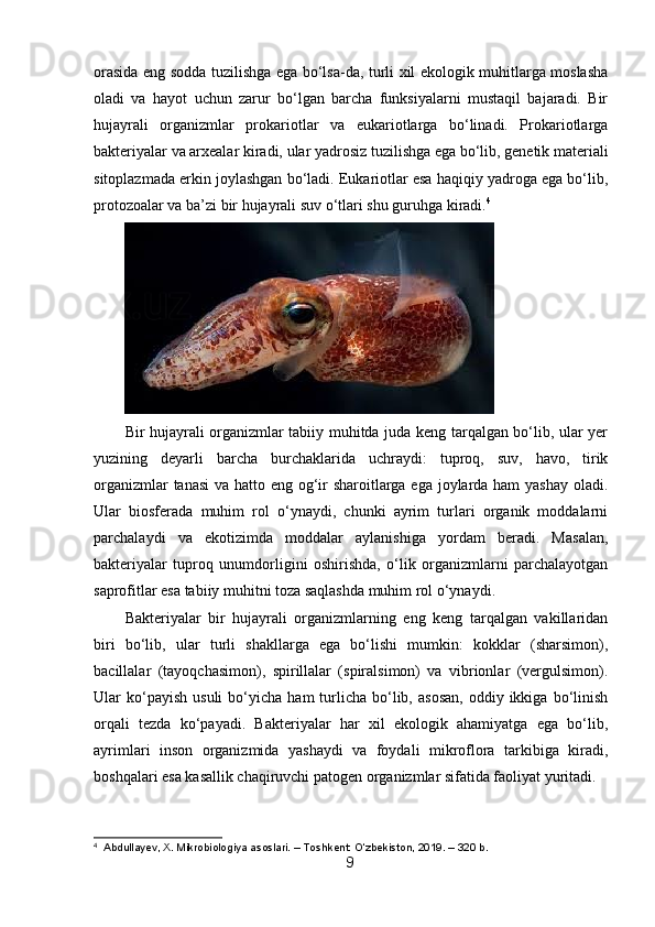 orasida eng sodda tuzilishga ega bo‘lsa-da, turli xil ekologik muhitlarga moslasha
oladi   va   hayot   uchun   zarur   bo‘lgan   barcha   funksiyalarni   mustaqil   bajaradi.   Bir
hujayrali   organizmlar   prokariotlar   va   eukariotlarga   bo‘linadi.   Prokariotlarga
bakteriyalar va arxealar kiradi, ular yadrosiz tuzilishga ega bo‘lib, genetik materiali
sitoplazmada erkin joylashgan bo‘ladi. Eukariotlar esa haqiqiy yadroga ega bo‘lib,
protozoalar va ba’zi bir hujayrali suv o‘tlari shu guruhga kiradi. 4
Bir hujayrali organizmlar tabiiy muhitda juda keng tarqalgan bo‘lib, ular yer
yuzining   deyarli   barcha   burchaklarida   uchraydi:   tuproq,   suv,   havo,   tirik
organizmlar  tanasi  va hatto eng og‘ir  sharoitlarga ega joylarda ham  yashay  oladi.
Ular   biosferada   muhim   rol   o‘ynaydi,   chunki   ayrim   turlari   organik   moddalarni
parchalaydi   va   ekotizimda   moddalar   aylanishiga   yordam   beradi.   Masalan,
bakteriyalar   tuproq   unumdorligini   oshirishda,   o‘lik   organizmlarni   parchalayotgan
saprofitlar esa tabiiy muhitni toza saqlashda muhim rol o‘ynaydi.
Bakteriyalar   bir   hujayrali   organizmlarning   eng   keng   tarqalgan   vakillaridan
biri   bo‘lib,   ular   turli   shakllarga   ega   bo‘lishi   mumkin:   kokklar   (sharsimon),
bacillalar   (tayoqchasimon),   spirillalar   (spiralsimon)   va   vibrionlar   (vergulsimon).
Ular   ko‘payish   usuli  bo‘yicha  ham   turlicha   bo‘lib,  asosan,  oddiy  ikkiga  bo‘linish
orqali   tezda   ko‘payadi.   Bakteriyalar   har   xil   ekologik   ahamiyatga   ega   bo‘lib,
ayrimlari   inson   organizmida   yashaydi   va   foydali   mikroflora   tarkibiga   kiradi,
boshqalari esa kasallik chaqiruvchi patogen organizmlar sifatida faoliyat yuritadi.
4
  Abdullayev, X. Mikrobiologiya asoslari. – Toshkent: O‘zbekiston, 2019. – 320 b.
9