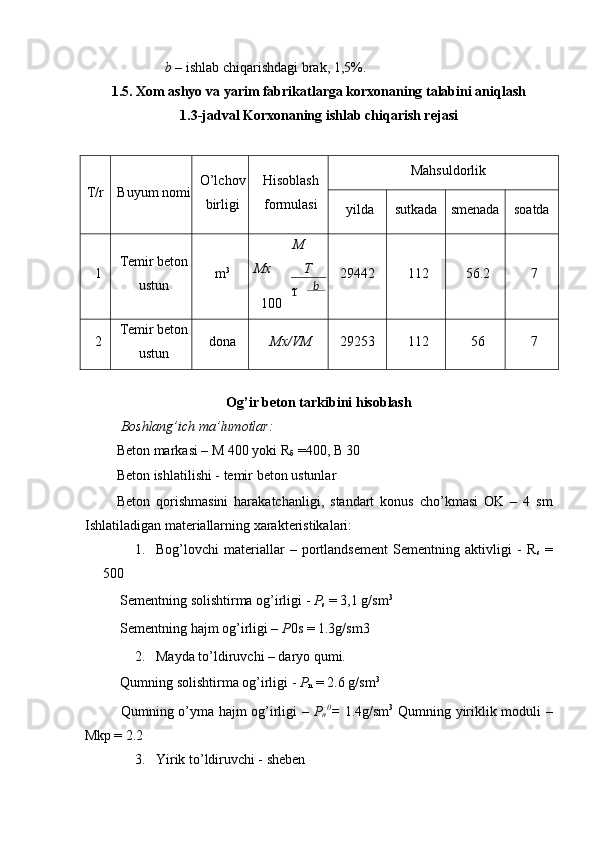       b  – ishlab chiqarishdagi brak, 1,5%. 
1.5. Xom ashyo va yarim fabrikatlarga korxonaning talabini aniqlash
1.3-jadval Korxonaning ishlab chiqarish rejasi
 
T/r  Buyum nomi  O’lchov
birligi  Hisoblash
formulasi  Mahsuldorlik 
yilda  sutkada  smenada  soatda 
1  Temir beton
ustun  m 3
  M
Mx   T  
100 29442  112  56.2  7 
2  Temir beton
ustun  dona  Mx/VM  29253  112  56  7 
 
Og’ir beton tarkibini hisoblash
Boshlang’ich ma’lumotlar: 
Beton markasi – M 400 yoki R
б  =400, B 30 
Beton ishlatilishi - temir beton ustunlar 
Beton   qorishmasini   harakatchanligi,   standart   konus   cho’kmasi   OK   –   4   sm
Ishlatiladigan materiallarning xarakteristikalari: 
1. Bog’lovchi   materiallar   –   portlandsement   Sementning   aktivligi   -   R
s   =
500 
 Sementning solishtirma og’irligi -  P
s  = 3,1 g/sm 3 
 Sementning hajm og’irligi –  P 0s = 1.3g/sm3 
2. Mayda to’ldiruvchi – daryo qumi. 
 Qumning solishtirma og’irligi -  P
n  = 2.6 g/sm 3 
  Qumning o’yma hajm og’irligi –   P
n 0
=   1.4g/sm 3
  Qumning yiriklik moduli –
Mkp = 2.2 
3. Yirik to’ldiruvchi - sheben  1 b
 