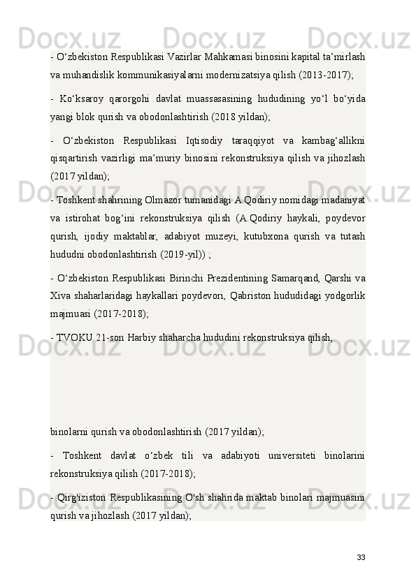 - O‘zbekiston Respublikasi Vazirlar Mahkamasi binosini kapital ta’mirlash
va muhandislik kommunikasiyalarni modernizatsiya qilish (2013-2017);
-   Ko‘ksaroy   qarorgohi   davlat   muassasasining   hududining   yo‘l   bo‘yida
yangi blok qurish va obodonlashtirish (2018 yildan);
-   O‘zbekiston   Respublikasi   Iqtisodiy   taraqqiyot   va   kambag‘allikni
qisqartirish  vazirligi ma’muriy binosini rekonstruksiya qilish va jihozlash
(2017 yildan);
- Toshkent shahrining Olmazor tumanidagi A.Qodiriy nomidagi madaniyat
va   istirohat   bog‘ini   rekonstruksiya   qilish   (A.Qodiriy   haykali,   poydevor
qurish,   ijodiy   maktablar,   adabiyot   muzeyi,   kutubxona   qurish   va   tutash
hududni obodonlashtirish (2019-yil)) ;
- O‘zbekiston Respublikasi Birinchi Prezidentining Samarqand, Qarshi va
Xiva shaharlaridagi haykallari poydevori, Qabriston hududidagi yodgorlik
majmuasi (2017-2018);
- TVOKU 21-son Harbiy shaharcha hududini rekonstruksiya qilish, 
binolarni qurish va obodonlashtirish (2017 yildan);
-   Toshkent   davlat   o‘zbek   tili   va   adabiyoti   universiteti   binolarini
rekonstruksiya qilish (2017-2018);
- Qirg'iziston Respublikasining O'sh shahrida maktab binolari majmuasini
qurish va jihozlash (2017 yildan);
33 