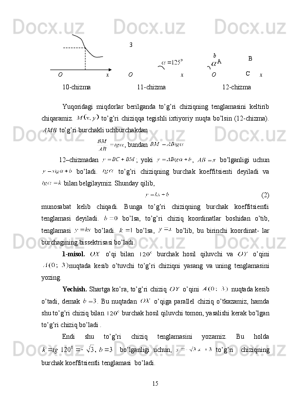 10-chizma                           11-chizma                                 12-chizma
Yuqoridagi   miqdorlar   berilganda   to’g’ri   chiziqning   tenglamasini   keltirib
chiqaramiz.     to’g’ri   chiziqqa   tegishli   ixtiyoriy   nuqta  bo’lsin   (12-chizma).
 to’g’ri burchakli uchburchakdan 
                     , bundan   
12–chizmadan   ;   yoki   ,     bo’lganligi   uchun
  bo’ladi.     to’g’ri   chiziqning   burchak   koeffitsienti   deyiladi   va
 bilan belgilaymiz. Shunday qilib,
                                                                                        (2)
munosabat   kelib   chiqadi.   Bunga   to’g’ri   chiziqning   burchak   koeffitsientli
tenglamasi   deyiladi.     bo’lsa,   to’g’ri   chiziq   koordinatlar   boshidan   o’tib,
tenglamasi     bo’ladi.     bo’lsa,     bo’lib,   bu   birinchi   koordinat-   lar
burchagining bissektrisasi bo’ladi. 
1-misol.     o’qi   bilan     burchak   hosil   qiluvchi   va     o’qini
nuqtada   kesib   o’tuvchi   to’g’ri   chiziqni   yasang   va   uning   tenglamasini
yozing.
Yechish.   Shartga ko’ra, to’g’ri chiziq     o’qini     nuqtada kesib
o’tadi,   demak   .   Bu   nuqtadan     o’qiga   parallel   chiziq   o’tkazamiz,   hamda
shu to’g’ri chiziq bilan   burchak hosil qiluvchi tomon, yasalishi kerak bo’lgan
to’g’ri chiziq bo’ladi .
Endi   shu   to’g’ri   chiziq   tenglamasini   yozamiz.   Bu   holda
    bo’lganligi   uchun,     to’g’ri     chiziqning
burchak koeffitsientli tenglamasi  bo’ladi.
15xO x x3
O O A B
Cb