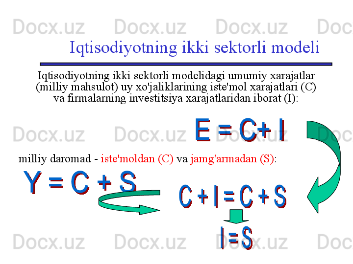 Iqtisodiyotning ikki sektorli modeli
Iqtisodiyotning ikki sektorli modelidagi umumiy xarajatlar 
(milliy mahsulot) uy xo'jaliklarining iste'mol xarajatlari (C) 
va firmalarning investitsiya xarajatlaridan iborat (I):
milliy daromad   -   iste'moldan (C)   va  jamg'armadan (S) : 