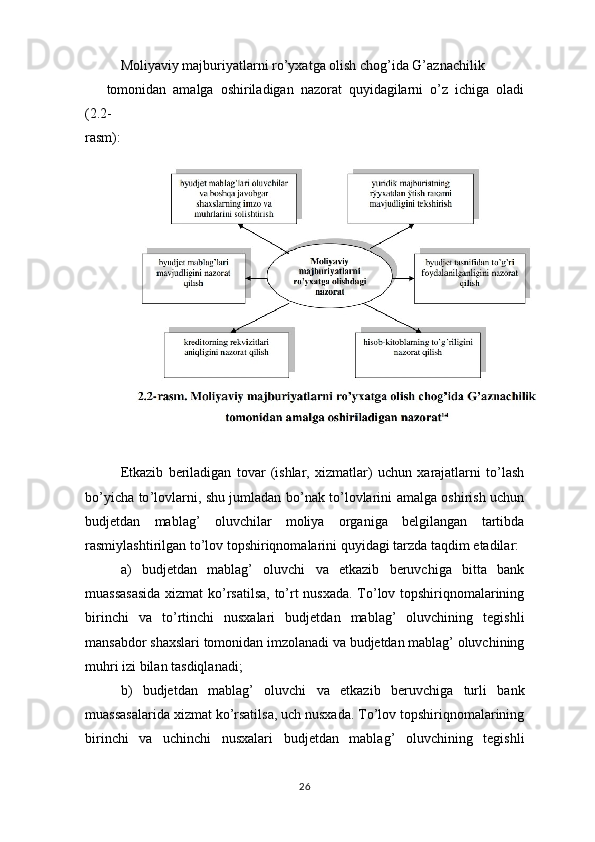 Moliyaviy majburiyatlarni ro’yxatga olish chog’ida G’aznachilik
tomonidan   amalga   oshiriladigan   nazorat   quyidagilarni   o’z   ichiga   oladi
(2.2-
rasm): 
Etkazib   beriladigan   tovar   ( ishlar ,   xizmatlar )   uchun   xarajatlarni   to ’ lash
bo ’ yicha   to ’ lovlarni ,   shu   jumladan   bo ’ nak   to ’ lovlarini   amalga   oshirish   uchun
budjetdan   mablag ’   oluvchilar   moliya   organiga   belgilangan   tartibda
rasmiylashtirilgan   to ’ lov   topshiriqnomalarini   quyidagi   tarzda   taqdim   etadilar :
a )   budjetdan   mablag ’   oluvchi   va   etkazib   beruvchiga   bitta   bank
muassasasida   xizmat   ko ’ rsatilsa ,   to ’ rt   nusxada .   To ’ lov   topshiriqnomalarining
birinchi   va   to ’ rtinchi   nusxalari   budjetdan   mablag ’   oluvchining   tegishli
mansabdor   shaxslari   tomonidan   imzolanadi   va   budjetdan   mablag ’  oluvchining
muhri   izi   bilan   tasdiqlanadi ;
b )   budjetdan   mablag ’   oluvchi   va   etkazib   beruvchiga   turli   bank
muassasalarida   xizmat   ko ’ rsatilsa ,  uch   nusxada .  To ’ lov   topshiriqnomalarining
birinchi   va   uchinchi   nusxalari   budjetdan   mablag ’   oluvchining   tegishli
26 