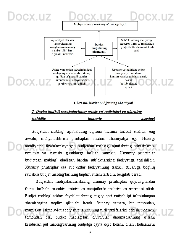 2. Davlat budjeti xarajatlarining asosiy yo’nalishlari va ularning
tashkiliy   –huquqiy   asoslari
Budjetdan   mablag’   ajratishning   oqilona   tizimini   tashkil   etishda,   eng
avvalo,   moliyalashtirish   printsiplari   muhim   ahamiyatga   ega.   Hozirgi
amaliyotda   foydalanilayotgan   budjetdan   mablag’   ajratishning   printsiplarini
umumiy   va   xususiy   guruhlarga   bo’lish   mumkin.   Umumiy   printsiplar
budjetdan   mablag’   oladigan   barcha   sub’ektlarning   faoliyatiga   tegishlidir.
Xususiy   printsiplar   esa   sub’ektlar   faoliyatining   tashkil   etilishiga   bog’liq
ravishda budjet mablag’larining taqdim etilish tartibini belgilab beradi.
Budjetdan   moliyalashtirishning   umumiy   printsiplari   quyidagilardan
iborat   bo’lishi   mumkin:   minimum   xarajatlarda   maksimum   samarani   olish.
Budjet   mablag’laridan   foydalanishning   eng   yuqori   natijaliligi   ta’minlangan
sharoitdagina   taqdim   qilinishi   kerak.   Bunday   samara,   bir   tomondan,
mamlakat ijtimoiy-iqtisodiy rivojlanishining turli vazifalarini echish, ikkinchi
tomondan   esa,   budjet   mablag’lari   oluvchilar   daromadlarining   o’sishi
hisobidan   pul   mablag’larining   budjetga   qayta   oqib   kelishi   bilan   ifodalanishi
9 
