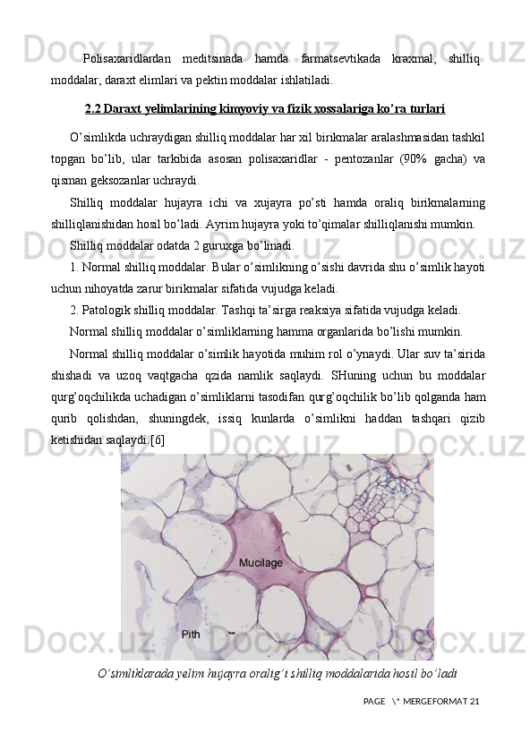 Polisaxaridlardan   m е ditsinada   hamda   farmats е vtikada   kraxmal,   shilliq
moddalar, daraxt  е limlari va p е ktin moddalar ishlatiladi.
2.2 Daraxt yelimlarining kimyoviy va fizik xossalariga ko’ra turlari
O’simlikda uchraydigan shilliq moddalar har xil birikmalar aralashmasidan tashkil
topgan   bo’lib,   ular   tarkibida   asosan   polisaxaridlar   -   pentozanlar   (90%   gacha)   va
qisman geksozanlar uchraydi.
Shilliq   moddalar   hujayra   ichi   va   xujayra   po’sti   hamda   oraliq   birikmalarning
shilliqlanishidan hosil bo’ladi. Ayrim hujayra yoki to’qimalar shilliqlanishi mumkin.
Shilliq moddalar odatda 2 guruxga bo’linadi.
1. Normal shilliq moddalar. Bular o’simlikning o’sishi davrida shu o’simlik hayoti
uchun nihoyatda zarur birikmalar sifatida vujudga keladi.
2. Patologik shilliq moddalar. Tashqi ta’sirga reaksiya sifatida vujudga keladi.
Normal shilliq moddalar o’simliklarning hamma organlarida bo’lishi mumkin.
Normal shilliq moddalar o’simlik hayotida muhim rol o’ynaydi. Ular suv ta’sirida
shishadi   va   uzoq   vaqtgacha   qzida   namlik   saqlaydi.   SHuning   uchun   bu   moddalar
qur g’ oqchilikda uchadigan o’simliklarni tasodifan qur g’ oqchilik bo’lib qolganda ham
qurib   qolishdan,   shuningdek,   issiq   kunlarda   o’simlikni   haddan   tashqari   qizib
ketishidan saqlaydi.[6]
O’simliklarada yelim hujayra oralig’i shilliq moddalarida hosil bo’ladi
 PAGE   \* MERGEFORMAT 21 