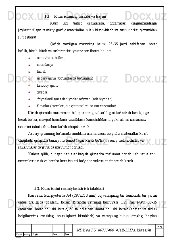 O’lcha m
mm m varaq Hujjat: Imzo
Sana  varaq
NDK va TU  60711400 .  41sE-22 TJA  Kurs ishi1.1. Kurs ishining tarkibi va hajmi
Kurs   ishi   tarkib   qismlariga,   chizmalar,   diagrammalarga
joylashtirilgan   tasviriy   grafik   materiallar   bilan   hisob-kitob   va   tushuntirish   yozuvidan
(TY) iborat.
Qo'lda   yozilgan   matnning   hajmi   25-35   jami   sahifadan   iborat
bo'lib, hisob-kitob va tushuntirish yozuvidan iborat bo’ladi:
sarlavha sahifasi;
mundarija 
kirish
asosiy qism (bo'limlarga bo'lingan)
hisobiy qism
xulosa;
foydalanilgan adabiyotlar ro'yxati (adabiyotlar);
ilovalar (rasmlar, diagrammalar, dastur ro'yxatlari
Kirish qismida muammoni hal qilishning dolzarbligini ko'rsatish kerak, agar 
kerak bo'lsa, mavjud tizimlarni vazifalarni kamchiliklarini yoki ularni samarasiz 
ishlarini isbotlash uchun ko'rib chiqish kerak.
Asosiy qismning bo'limida muddatli ish mavzusi bo'yicha materiallar ko'rib 
chiqiladi: qisqacha tarixiy ma'lumot (agar kerak bo'lsa); asosiy tushunchalar va 
ishlanmalar to’g’risida ma’lumot beriladi.
Xulosa qilib, olingan natijalar haqida qisqacha  ma'lumot  berish, ish natijalarini
umumlashtirish va barcha kurs ishlari bo'yicha xulosalar chiqarish kerak.
1.2. Kurs ishini  rasmiylashtirish talablari
Kurs ishi kompyuterda A4 (297x210 mm) oq varaqning bir tomonida bir yarim
qator   oralig'ida   bosilishi   kerak.   Birinchi   satrning   hoshiyasi   1,25   sm.   Matn   30-35
qatordan   iborat   bo'lishi   kerak,   60   ta   belgidan   iborat   bo'lishi   kerak   (so'zlar   va   tinish
belgilarining   orasidagi   bo'shliqlarni   hisoblash)   va   varaqning   butun   kengligi   bo'ylab