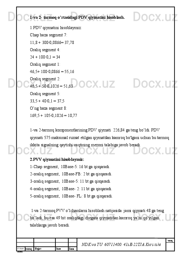 O’lcha m
mm m varaq Hujjat: Imzo
Sana  varaq
NDK va TU  60711400 .  41sE-22 TJA  Kurs ishi1-va 2- tarmoq o’rtasidagi PDV qiymatini hisoblash.
1.PDV qiymatini hisoblaymiz:
Chap baza segment 7:
11,8 + 300∙0,0866= 37,78
Oraliq segment 4:
24 + 100∙0,1 = 34
Oraliq segment 1:
46,5+ 100∙0,0866 = 55,16
Oraliq segment 2:
46,5 + 50∙0,1026 = 51,63
Oraliq segment 5:
33,5 + 40∙0,1 = 37,5
O’ng baza segment 8:
169,5 + 105∙0,1026 = 10,77
1-va 2-tarmoq komponentlarining PDV qiymati  226,84 ga teng bo’ldi. PDV 
qiymati 575 maksimal ruxsat etilgan qiymatdan kamroq bo'lgani uchun bu tarmoq 
ikkita signalning qaytishi vaqtining mezoni talabiga javob beradi.
2.PVV qiymatini hisoblaymiz:
1-Chap segment,  10Base-5: 16 bt ga qisqaradi.
2-oraliq segment,  10Base-FB: 2 bt ga qisqaradi.
3-oraliq segment,  10Base-5: 11 bt ga qisqaradi.
4-oraliq segment,  10Base- 2: 11 bt ga qisqaradi.
5-oraliq segment,  10Base- FL: 8 bt ga qisqaradi.
 1-va 2-tarmoq PVV o’lchamlarni hisoblash natijasida  jami qiymati 48 ga teng 
bo’ladi, bu esa 49 bit oraliqdagi chegara qiymatidan kamroq ya’ni qo’yilgan 
talablarga javob beradi.