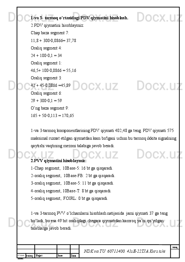 O’lcha m
mm m varaq Hujjat: Imzo
Sana  varaq
NDK va TU  60711400 .  41sE-22 TJA  Kurs ishi1-va 3- tarmoq o’rtasidagi PDV qiymatini hisoblash.
2.PDV qiymatini hisoblaymiz:
Chap baza segment 7:
11,8 + 300∙0,0866= 37,78
Oraliq segment 4:
24 + 100∙0,1 = 34
Oraliq segment 1:
46,5+ 100∙0,0866 = 55,16
Oraliq segment 3:
42 + 45∙0,0866 =45,89 
Oraliq segment 6:
29 + 300∙0,1 = 59
O’ng baza segment 9:
165 + 50∙0,113 = 170,65
1-va 3-tarmoq komponentlarining PDV qiymati 402,48 ga teng. PDV qiymati 575 
maksimal ruxsat etilgan qiymatdan kam bo'lgani uchun bu tarmoq ikkita signalning
qaytishi vaqtining mezoni talabiga javob beradi.
2.PVV qiymatini hisoblaymiz:
1-Chap segment,  10Base-5: 16 bt ga qisqaradi.
2-oraliq segment,  10Base-FB: 2 bt ga qisqaradi.
3-oraliq segment,  10Base-5: 11 bt ga qisqaradi.
4-oraliq segment, 10Base-T: 8 bt ga qisqaradi.
5-oraliq segment,  FOIRL: 0 bt ga qisqaradi.
1-va 3-tarmoq PVV o’lchamlarni hisoblash natijasida  jami qiymati 37 ga teng 
bo’ladi, bu esa 49 bit oraliqdagi chegara qiymatidan kamroq ya’ni qo’yilgan 
talablarga javob beradi. 