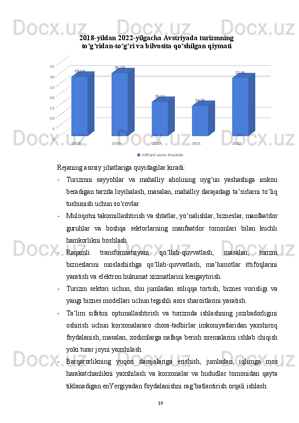 Rejaning asosiy jihatlariga quyidagilar kiradi:
- Turizmni   sayyohlar   va   mahalliy   aholining   uyg un   yashashiga   imkonʻ
beradigan tarzda loyihalash, masalan, mahalliy darajadagi ta sirlarni to liq	
ʻ ʻ
tushunish uchun so rovlar.	
ʻ
- Muloqotni takomillashtirish va shtatlar, yo nalishlar, bizneslar, manfaatdor	
ʻ
guruhlar   va   boshqa   sektorlarning   manfaatdor   tomonlari   bilan   kuchli
hamkorlikni boshlash.
- Raqamli   transformatsiyani   qo llab-quvvatlash,   masalan,   turizm	
ʻ
bizneslarini   moslashishga   qo llab-quvvatlash,   ma lumotlar   ittifoqlarini	
ʻ ʻ
yaratish va elektron hukumat xizmatlarini kengaytirish.
- Turizm   sektori   uchun,   shu   jumladan   soliqqa   tortish,   biznes   vorisligi   va
yangi biznes modellari uchun tegishli asos sharoitlarini yaratish.
- Ta lim   sifatini   optimallashtirish   va   turizmda   ishlashning   jozibadorligini	
ʻ
oshirish   uchun   korxonalararo   chora-tadbirlar   imkoniyatlaridan   yaxshiroq
foydalanish, masalan, xodimlarga nafaqa berish sxemalarini ishlab chiqish
yoki turar joyni yaxshilash.
- Barqarorlikning   yuqori   darajalariga   erishish,   jumladan,   iqlimga   mos
harakatchanlikni   yaxshilash   va   korxonalar   va   hududlar   tomonidan   qayta
tiklanadigan enYergiyadan foydalanishni rag batlantirish orqali ishlash.	
ʻ
192018 2019 2020 2021 202205101520253035
28.49 30.28
16.51
14.56 27.952018-yildan 2022-yilgacha Av striyada turizmning 
to g ridan-to g ri va bilvosita qo shilgan qiymati	
ʻ ʻ ʻ ʻ ʻ
milliard yevro hisobida 