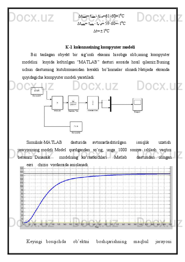  t
max = t
max - t
о’rt =61-60=1 0
C
 t
min = t
min  - t
о’rt = 59-60=-1 0
C
 t=  1 0
C
K-1  kolonnasining kompyuter modeli 
Biz   tanlagan   obyekt   bir   sig‘imli   ekanini   hisobga   olib,uning   kompyuter
modelini     kuyida   keltirilgan   “MATLAB”   dasturi   asosida   hosil   qilamiz.Buning
uchun   dasturning   kutubxonasidan   kerakli   bо’linmalar   olinadi.Natijada   ekranda
quyidagicha kompyuter modeli yaratiladi:
Simulink-MATLAB  dasturida  avtomatlashtirilgan  issiqlik  uzatish
jarayonining modeli  Model    qurilgandan    so‘ng,   unga   1000   soniya    ishlash    vaqtini
beramiz.  Dinamik  modelning  ko‘rsatkichlari  Matlab  dasturidan  olingan
egri  chiziq  yordamida aniqlanadi. 
Keyingi   bosqichda     ob’ektni     boshqarishning     maqbul     jarayoni 