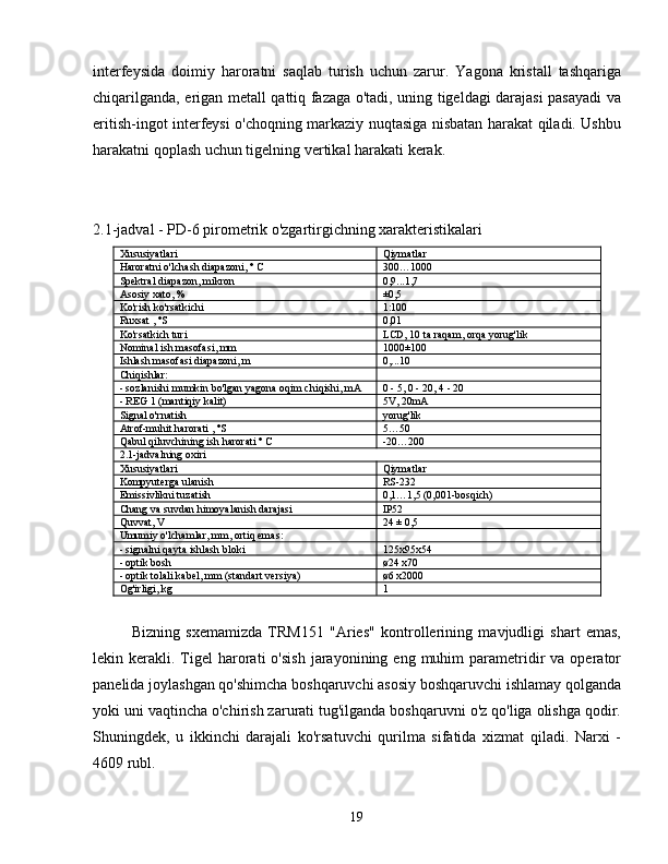 interfeysida   doimiy   haroratni   saqlab   turish   uchun   zarur.   Yagona   kristall   tashqariga
chiqarilganda, erigan metall qattiq fazaga o'tadi, uning tigeldagi darajasi pasayadi va
eritish-ingot interfeysi o'choqning markaziy nuqtasiga nisbatan harakat qiladi. Ushbu
harakatni qoplash uchun tigelning vertikal harakati kerak.
2.1-jadval - PD-6 pirometrik o'zgartirgichning xarakteristikalari
Xususiyatlari Qiymatlar
Haroratni o'lchash diapazoni,  º  C 300…1000
Spektral diapazon, mikron 0,9...1,7
Asosiy xato, % ±0,5
Ko'rish ko'rsatkichi 1:100
Ruxsat ,  ºS 0,01
Ko'rsatkich turi LCD, 10 ta raqam, orqa yorug'lik
Nominal ish masofasi, mm 1000±100
Ishlash masofasi diapazoni, m 0,...10
Chiqishlar:
- sozlanishi mumkin bo'lgan yagona oqim chiqishi, mA 0 - 5, 0 - 20, 4 - 20
- REG 1 (mantiqiy kalit) 5V, 20mA
Signal o'rnatish yorug'lik
Atrof-muhit harorati ,  ºS 5…50
Qabul qiluvchining ish harorati  º  C -20…200
2.1-jadvalning oxiri
Xususiyatlari Qiymatlar
Kompyuterga ulanish RS-232
Emissivlikni tuzatish 0,1…1,5 (0,001-bosqich)
Chang va suvdan himoyalanish darajasi IP52
Quvvat, V 24 ± 0,5
Umumiy o'lchamlar, mm, ortiq emas:
- signalni qayta ishlash bloki 125x95x54
- optik bosh ø24  x70
- optik tolali kabel, mm (standart versiya) ø6  x2000
Og'irligi, kg 1
Bizning   sxemamizda   TRM151   "Aries"   kontrollerining   mavjudligi   shart   emas,
lekin  kerakli.  Tigel  harorati  o'sish   jarayonining  eng  muhim  parametridir  va  operator
panelida joylashgan qo'shimcha boshqaruvchi asosiy boshqaruvchi ishlamay qolganda
yoki uni vaqtincha o'chirish zarurati tug'ilganda boshqaruvni o'z qo'liga olishga qodir.
Shuningdek,   u   ikkinchi   darajali   ko'rsatuvchi   qurilma   sifatida   xizmat   qiladi.   Narxi   -
4609 rubl.
19 