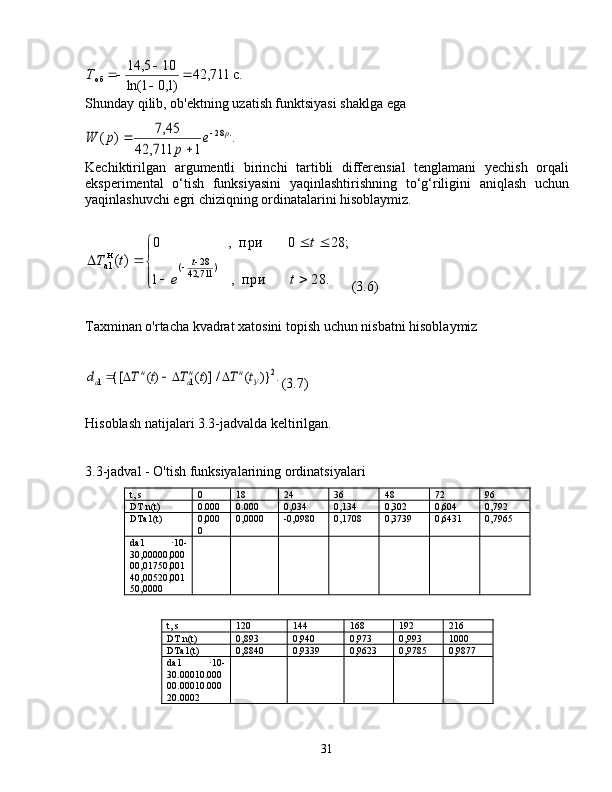 c.	711,	42	
)1,0	1	ln(	
10	5,	14	
об		

		ТShunday qilib, ob'ektning uzatish funktsiyasi shaklga ega	
.	
1	711,	42	
45,7	)	(	.	28p	e	
p	
p	W		
	

Kechiktirilgan   argumentli   birinchi   tartibli   differensial   tenglamani   yechish   orqali
eksperimental   o‘tish   funksiyasini   yaqinlashtirishning   to‘g‘riligini   aniqlash   uchun
yaqinlashuvchi egri chiziqning ordinatalarini hisoblaymiz.	



	
		
		
	

	
.	28	       	при  ,	    	1	
;	28	0	       	при  ,	         	          0	
)( )
711,42 28
(н
а1	
t	e	
t	
t	T t
(3.6)
Taxminan o'rtacha kvadrat xatosini topish uchun nisbatni hisoblaymiz	
.	)}	(	/	)](	)(	{[	2	1	1	У	н	на	н	a	t	T	t	T	t	T	d				
(3.7)
Hisoblash natijalari 3.3-jadvalda keltirilgan.
3.3-jadval - O'tish funksiyalarining ordinatsiyalari
t, s 0 18 24 36 48 72 96
DT  n(t) 0.000 0.000 0,034 0,134 0,302 0,604 0,792
DTa1(t) 0,000
0 0,0000 -0,0980 0,1708 0,3739 0,6431 0,7965
da1    10-
30,00000,000
00,01750,001
40,00520,001
50,0000
t, s 120 144 168 192 216
DT  n(t) 0,893 0,940 0,973 0,993 1000
DTa1(t) 0,8840 0,9339 0,9623 0,9785 0,9877
da1    10-
30.00010.000
00.00010.000
20.0002
31 