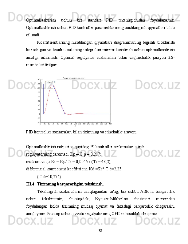 Optimallashtirish   uchun   biz   standart   PID   tekshirgichidan   foydalanamiz.
Optimallashtirish uchun PID kontroller parametrlarining boshlang'ich qiymatlari talab
qilinadi.
Koeffitsientlarning   hisoblangan   qiymatlari   diagrammaning   tegishli   bloklarida
ko'rsatilgan va kvadrat xatoning integralini minimallashtirish uchun optimallashtirish
amalga   oshiriladi.   Optimal   regulyator   sozlamalari   bilan   vaqtinchalik   jarayon   3.8-
rasmda keltirilgan.
PID kontroller sozlamalari bilan tizimning vaqtinchalik jarayoni
Optimallashtirish natijasida quyidagi PI kontroller sozlamalari olindi:
regulyatorning daromadi Kp = K p = 0,217;
izodrom vaqti Ki = Kp/ Ti = 0,0045 s (Ti = 48,2);
differensial komponent koeffitsienti Kd =Kr* T d=2,23
( T d=10,276).
III.4. Tizimning barqarorligini tekshirish.
Tekshirgich   sozlamalarini   aniqlagandan   so'ng,   biz   ushbu   ASR   ni   barqarorlik
uchun   tekshiramiz,   shuningdek,   Nyquist-Mikhailov   chastotasi   mezonidan
foydalangan   holda   tizimning   mutlaq   qiymat   va   fazadagi   barqarorlik   chegarasini
aniqlaymiz. Buning uchun avvalo regulyatorning OFK ni hisoblab chiqamiz
38 