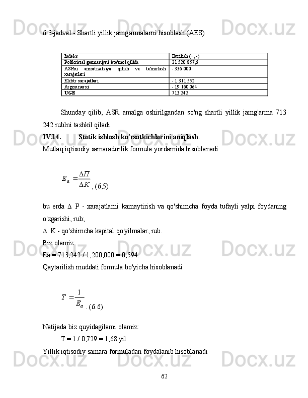 6.3-jadval - Shartli yillik jamg'armalarni hisoblash (AES)
Indeks Burilish (+, -)
Polikristal germaniyni iste'mol qilish 21 520 857,6
ASRni   amortizatsiya   qilish   va   ta'mirlash
xarajatlari - 336 000
Elektr xarajatlari - 1 311 552
Argon narxi - 19 160 064
UGE 713 242
Shunday   qilib,   ASR   amalga   oshirilgandan   so'ng   shartli   yillik   jamg'arma   713
242 rublni tashkil qiladi.
IV.14. Statik ishlash ko'rsatkichlarini aniqlash .
Mutlaq iqtisodiy samaradorlik formula yordamida hisoblanadiК
П	Еа	
	
, (6,5)
bu   erda    P   -   xarajatlarni   kamaytirish   va   qo'shimcha   foyda   tufayli   yalpi   foydaning
o'zgarishi, rub;
 K - qo'shimcha kapital qo'yilmalar, rub.
Biz olamiz:
Ea = 713,242 / 1,200,000 = 0,594.
Qaytarilish muddati formula bo'yicha hisoblanadi	
аЕ	
Т	1	
. (6.6)
Natijada biz quyidagilarni olamiz:
T = 1 / 0,729 = 1,68 yil.
Yillik iqtisodiy samara formuladan foydalanib hisoblanadi
62 