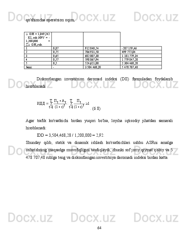 qo'shimcha operatsion oqim,
 OPI = 1,049,242
∙  KI,   rub.NPV   =   -
1,200,000   +
 OPI, rub.
1 0,87 912 840,54 -287 159,46
2 0,75 786 931,50 499 772,04
3 0,65 682 007,30 1 181 779,34
4 0,57 598 067,94 1 779 847,28
5 0,5 524,621,00 2 304 468,28
Jami: - 3 504 468,28 5 478 707,48
Diskontlangan   investitsion   daromad   indeksi   (DII)   formuladan   foydalanib
hisoblanadi
1T
1t t
r)(1 tП
:T
1t t
r)(1 tА
tП
ИДД 

 
  

. (6.8)
Agar   trafik   ko'rsatkichi   birdan   yuqori   bo'lsa,   loyiha   iqtisodiy   jihatdan   samarali
hisoblanadi:
IDD = 3,504,468,28 / 1,200,000 = 2,92.
Shunday   qilib,   statik   va   dinamik   ishlash   ko'rsatkichlari   ushbu   ASRni   amalga
oshirishning maqsadga muvofiqligini tasdiqlaydi, chunki sof joriy qiymat ijobiy va 5
478 707,48 rublga teng va diskontlangan investitsiya daromadi indeksi birdan katta.
64 