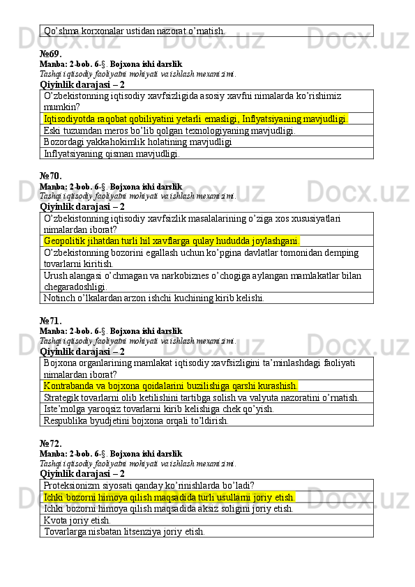 Qo’shma korxonalar ustidan nazorat o’rnatish. 
№69.
Manba: 2 -bob. 6 -§.  Bojxona ishi darslik
Tashqi iqtisodiy faoliyatni mohiyati va ishlash mexanizimi.
Qiyinlik darajasi – 2
O’zbekistonning iqtisodiy xavfsizligida asosiy xavfni nimalarda ko’rishimiz 
mumkin? 
Iqtisodiyotda raqobat qobiliyatini yetarli emasligi, Inflyatsiyaning mavjudligi.  
Eski tuzumdan meros bo’lib qolgan texnologiyaning mavjudligi. 
Bozordagi yakkahokimlik holatining mavjudligi
Inflyatsiyaning qisman mavjudligi.
№ 70 .
Manba: 2 -bob. 6 -§.  Bojxona ishi darslik
Tashqi iqtisodiy faoliyatni mohiyati va ishlash mexanizimi.
Qiyinlik darajasi – 2
O’zbekistonning iqtisodiy xavfsizlik masalalarining o’ziga xos xususiyatlari 
nimalardan iborat? 
Geopolitik jihatdan turli hil xavflarga qulay hududda joylashgani.
O’zbekistonning bozorini egallash uchun ko’pgina davlatlar tomonidan demping 
tovarlarni kiritish. 
Urush alangasi o’chmagan va narkobiznes o’chogiga aylangan mamlakatlar bilan 
chegaradoshligi. 
Notinch o’lkalardan arzon ishchi kuchining kirib kelishi. 
№ 71 .
Manba: 2 -bob. 6 -§.  Bojxona ishi darslik
Tashqi iqtisodiy faoliyatni mohiyati va ishlash mexanizimi.
Qiyinlik darajasi – 2
Bojxona organlarining mamlakat iqtisodiy xavfsizligini ta’minlashdagi faoliyati 
nimalardan iborat? 
Kontrabanda va bojxona qoidalarini buzilishiga qarshi kurashish.
Strategik tovarlarni olib ketilishini tartibga solish va valyuta nazoratini o’rnatish. 
Iste’molga yaroqsiz tovarlarni kirib kelishiga chek qo’yish. 
Respublika byudjetini bojxona orqali to’ldirish. 
№ 72 .
Manba: 2 -bob. 6 -§.  Bojxona ishi darslik
Tashqi iqtisodiy faoliyatni mohiyati va ishlash mexanizimi.
Qiyinlik darajasi – 2
Proteksionizm siyosati qanday ko’rinishlarda bo’ladi? 
Ichki bozorni himoya qilish maqsadida turli usullarni joriy etish.
Ichki bozorni himoya qilish maqsadida aksiz soligini joriy etish. 
Kvota joriy etish. 
Tovarlarga nisbatan litsenziya joriy etish.  